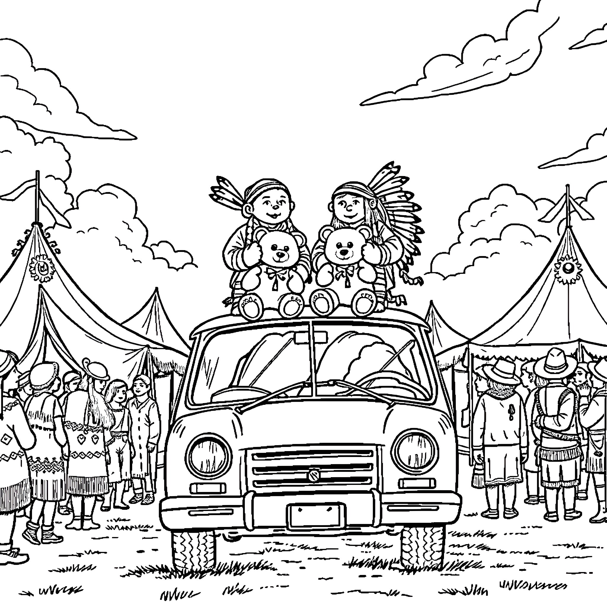 Native American Tribe Celebrating with Parade and Festive Attire Coloring Page (free black-and-white line drawing printable PDF for all, from beginners to advanced learners, including children, teens, adults, and seniors)