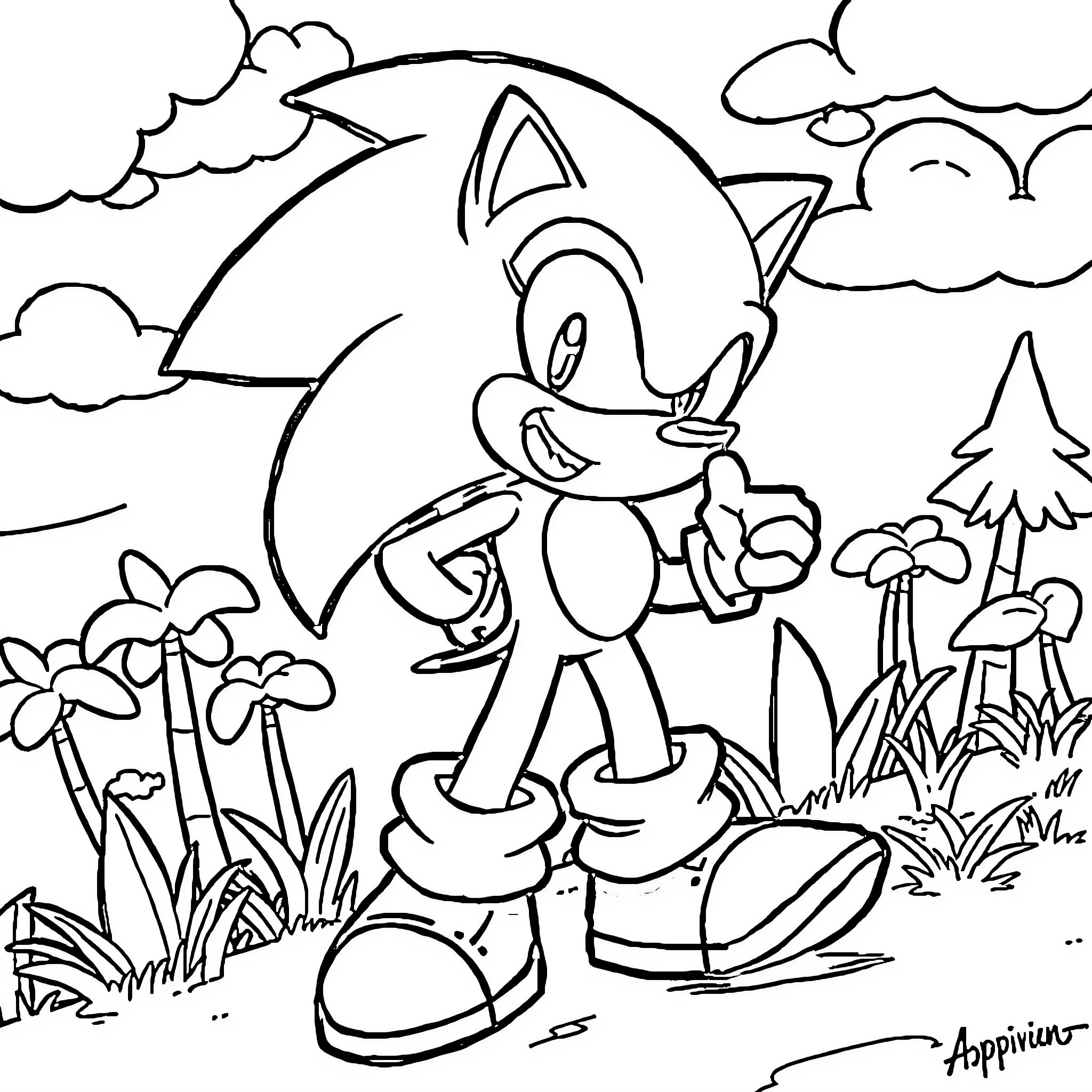 Sonic in a lush outdoor scene Coloring Page (free black-and-white line drawing printable PDF for all, from beginners to advanced learners, including children, teens, adults, and seniors)