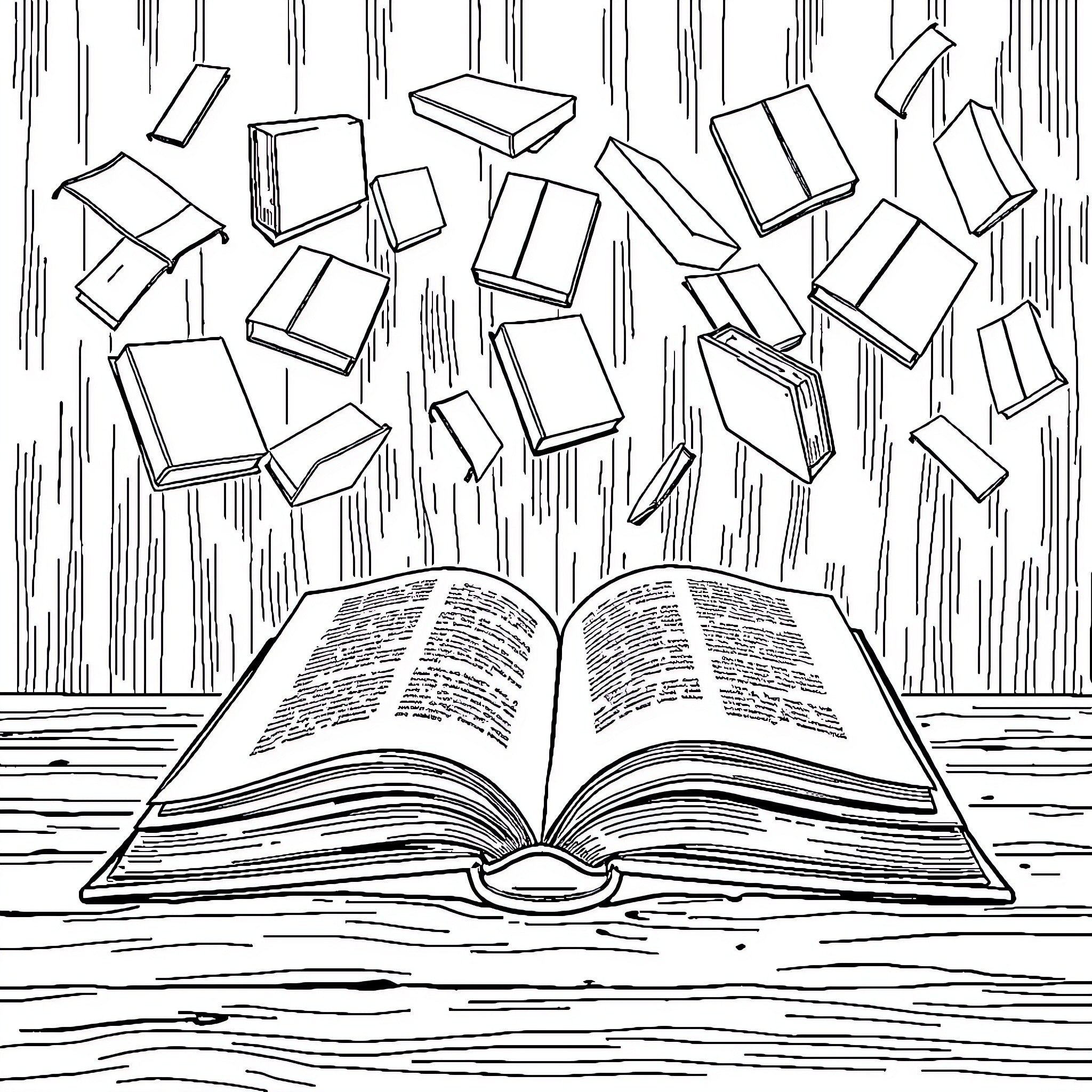 Book with flying books in rainy atmosphere Coloring Page (free black-and-white line drawing printable PDF for all, from beginners to advanced learners, including children, teens, adults, and seniors)