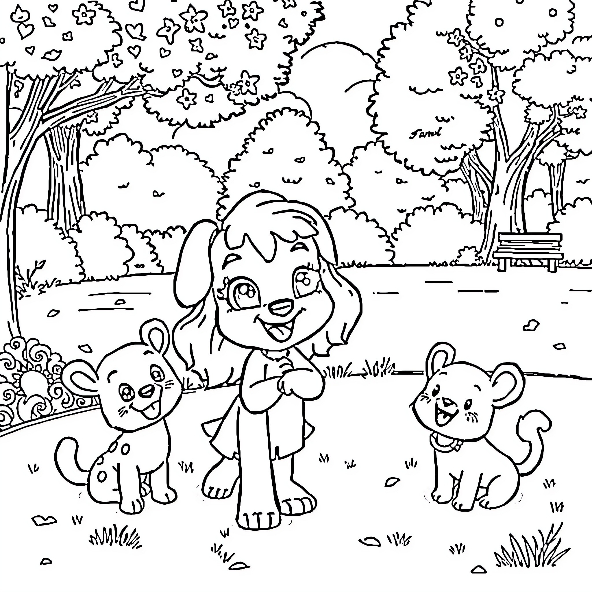 Bluey and her animal friends explore the outdoors Coloring Page (free black-and-white line drawing printable PDF for all, from beginners to advanced learners, including children, teens, adults, and seniors)