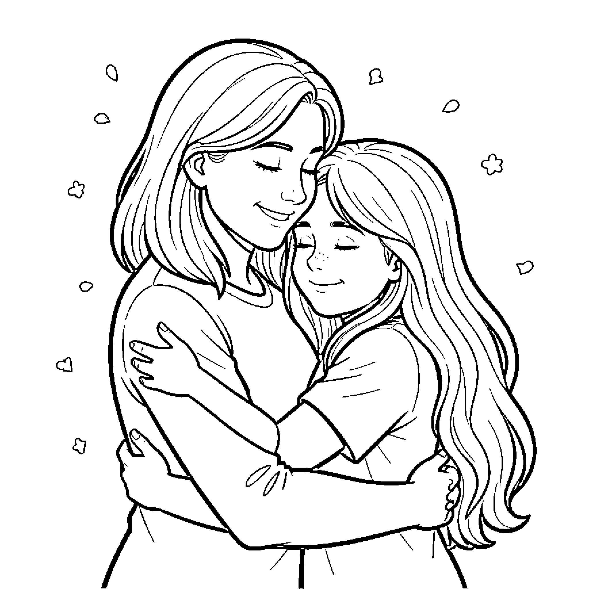 Mother and Daughter Embracing Affectionately Coloring Page (free black-and-white line drawing printable PDF for all, from beginners to advanced learners, including children, teens, adults, and seniors)