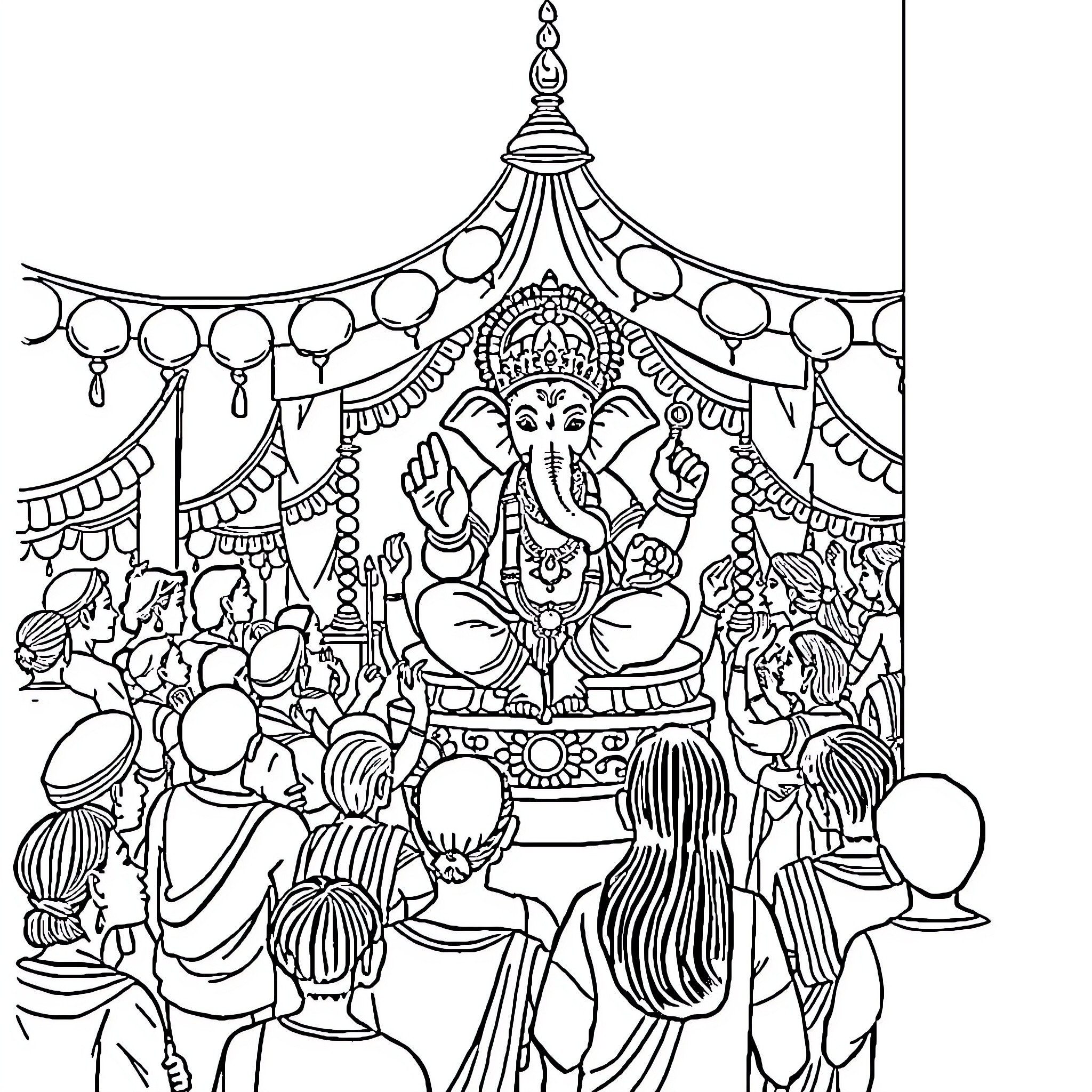 Ganesh Seated Amidst Devotees in Ceremonial Setting Coloring Page (free black-and-white line drawing printable PDF for all, from beginners to advanced learners, including children, teens, adults, and seniors)