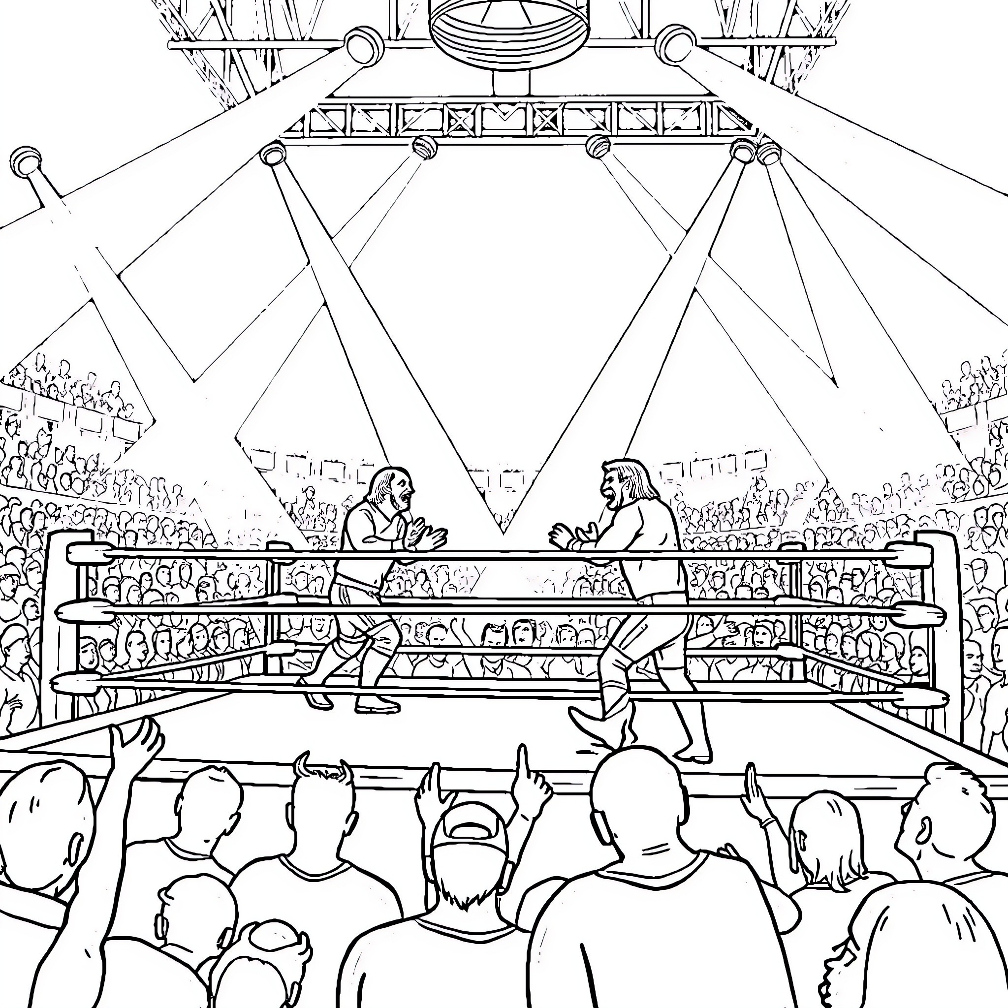 WWE Wrestlers Battling in the Ring Coloring Page (free black-and-white line drawing printable PDF for all, from beginners to advanced learners, including children, teens, adults, and seniors)