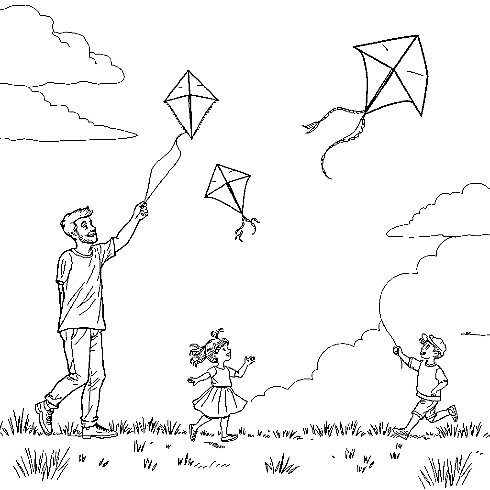 Kite-flying fun with family in the park Coloring Page (free black-and-white line drawing printable PDF for all, from beginners to advanced learners, including children, teens, adults, and seniors)