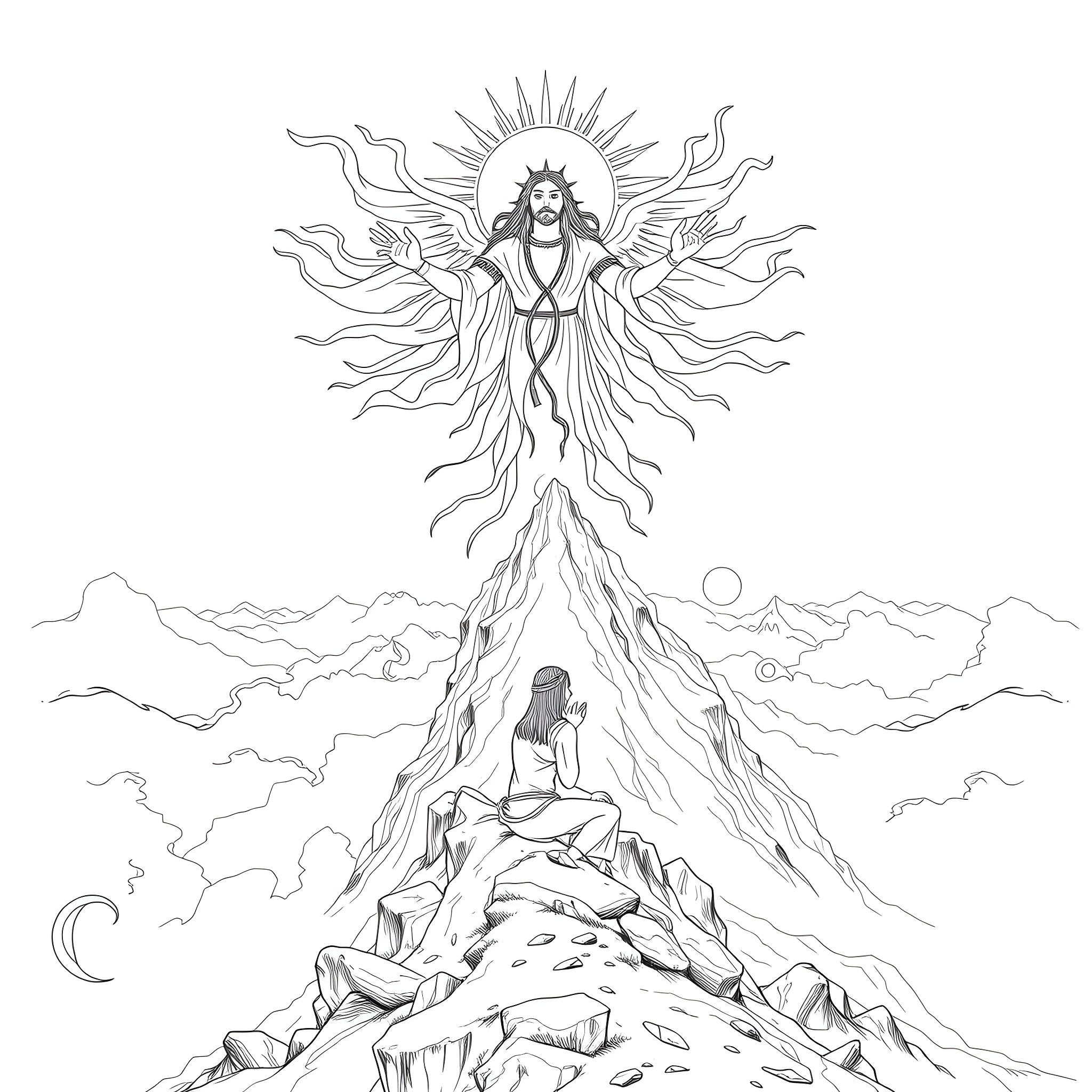 Spirit ascending the mountain path towards the celestial sun Coloring Page (free black-and-white line drawing printable PDF for all, from beginners to advanced learners, including children, teens, adults, and seniors)