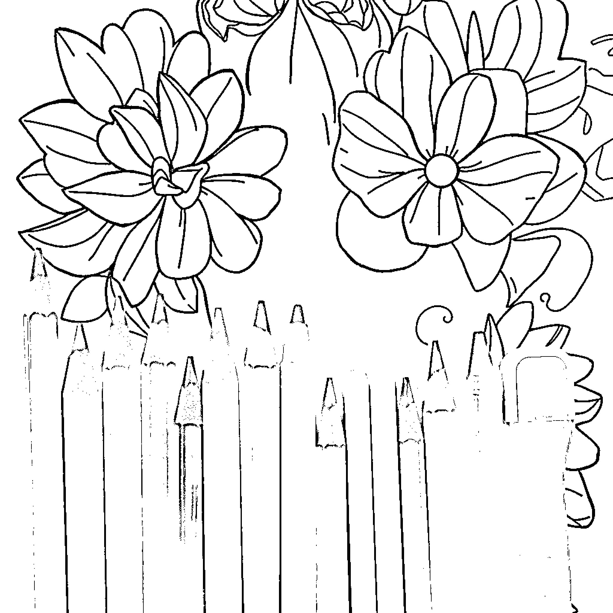 Art Supplies: Floral Outline Sketch Coloring Page (free black-and-white line drawing printable PDF for all, from beginners to advanced learners, including children, teens, adults, and seniors)