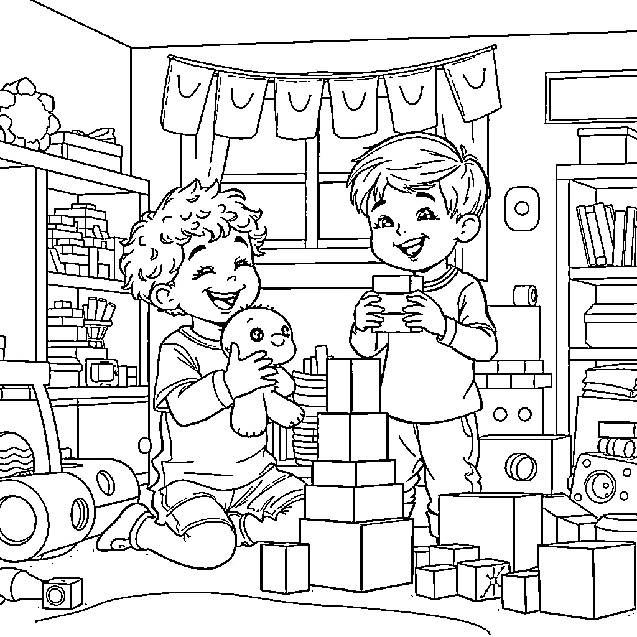 Boy Playing with Toys in Room Coloring Page (free black-and-white line drawing printable PDF for all, from beginners to advanced learners, including children, teens, adults, and seniors)