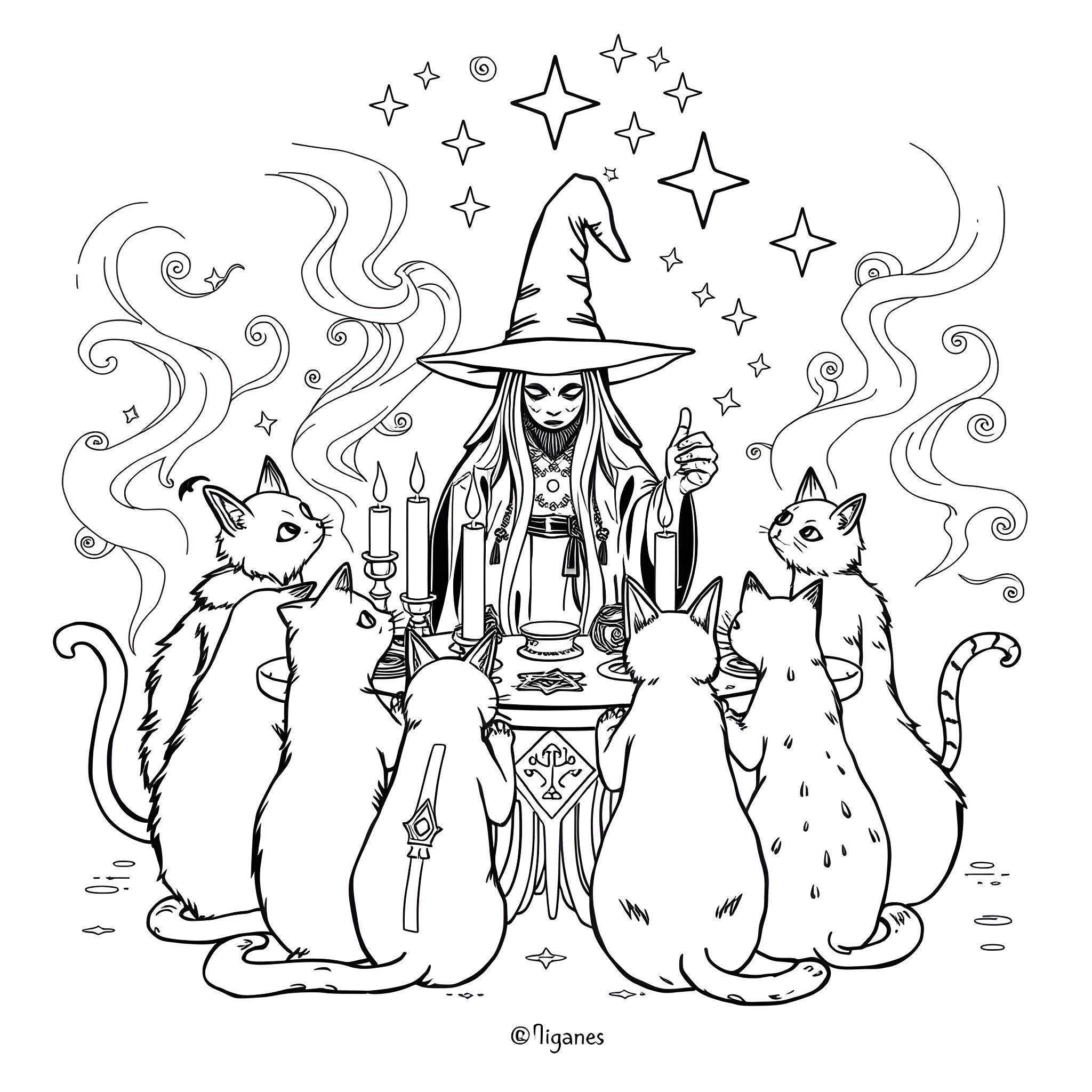 Cat Witch's Enchanted Gathering Coloring Page (free black-and-white line drawing printable PDF for all, from beginners to advanced learners, including children, teens, adults, and seniors)
