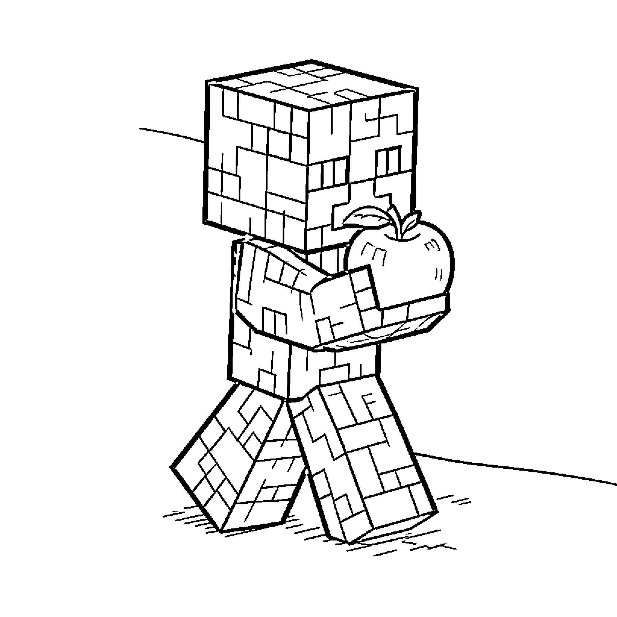 Creeper character holding a large apple Coloring Page (free black-and-white line drawing printable PDF for all, from beginners to advanced learners, including children, teens, adults, and seniors)