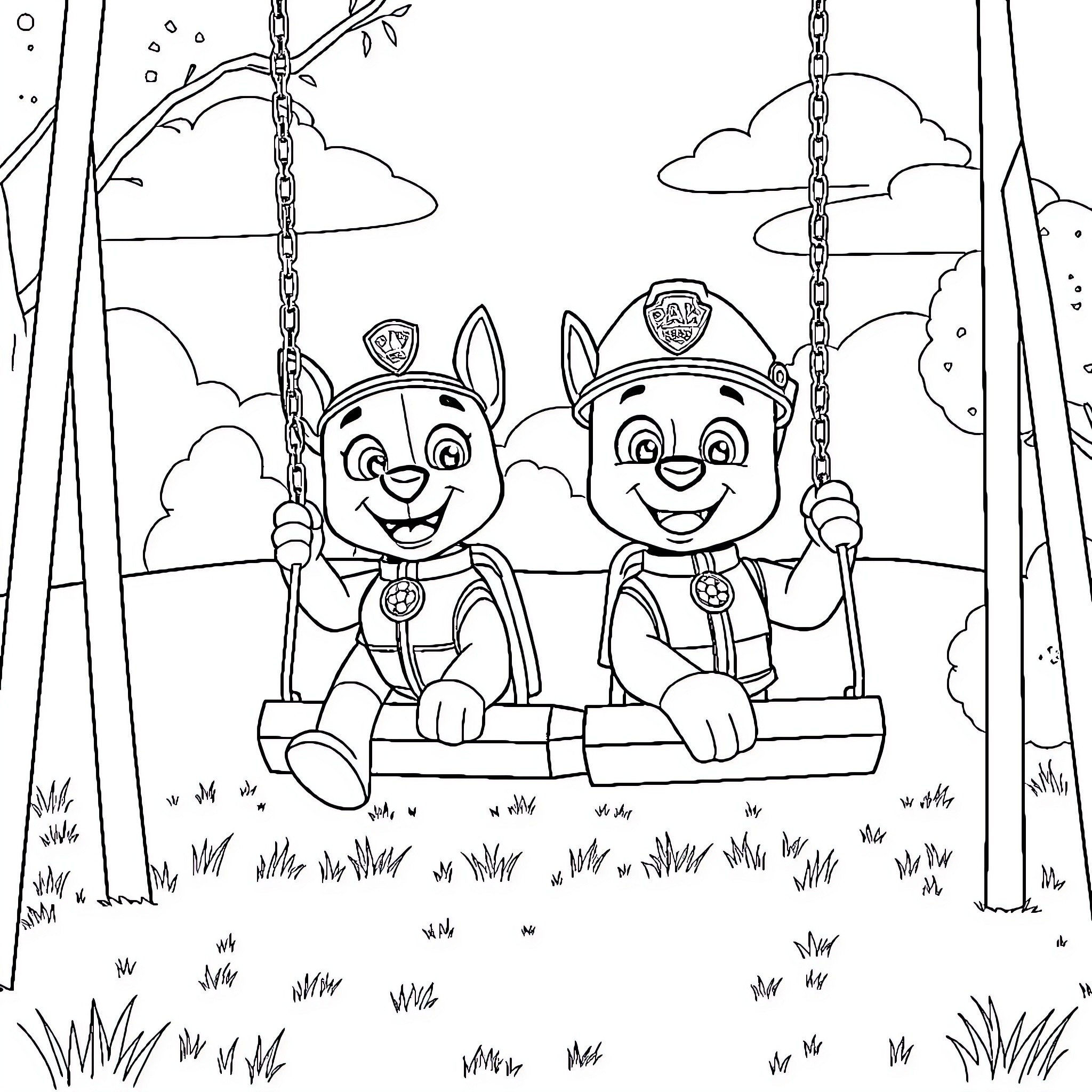 Paw Patrol characters on a swing set in the park Coloring Page (free black-and-white line drawing printable PDF for all, from beginners to advanced learners, including children, teens, adults, and seniors)