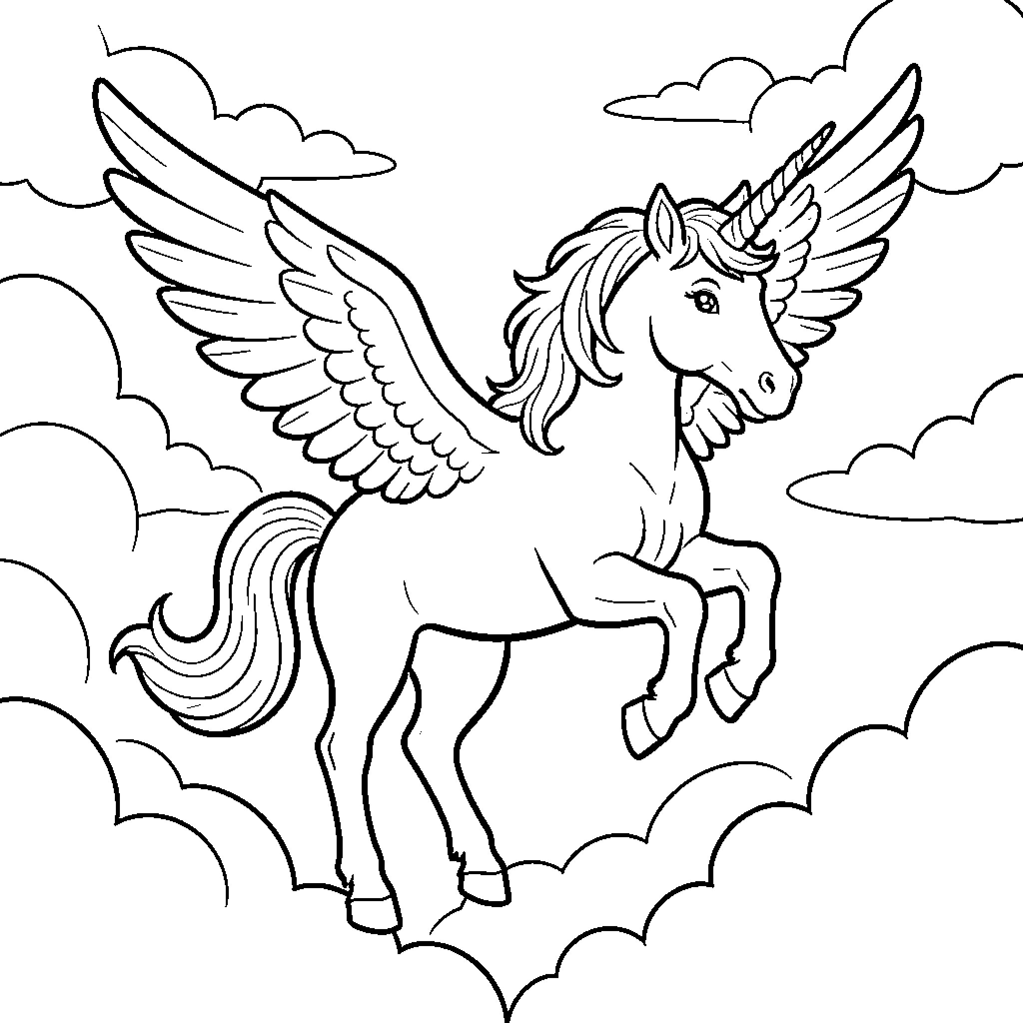 Flying Unicorn soaring gracefully through the clouds Coloring Page (free black-and-white line drawing printable PDF for all, from beginners to advanced learners, including children, teens, adults, and seniors)
