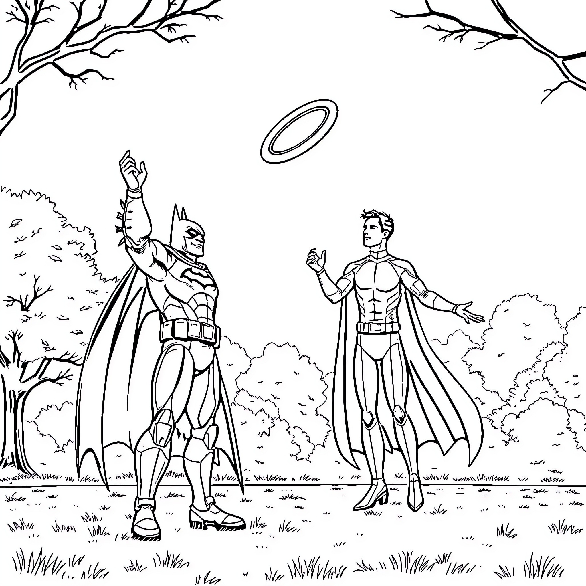 Batman and Superman in an outdoor scene Coloring Page (free black-and-white line drawing printable PDF for all, from beginners to advanced learners, including children, teens, adults, and seniors)