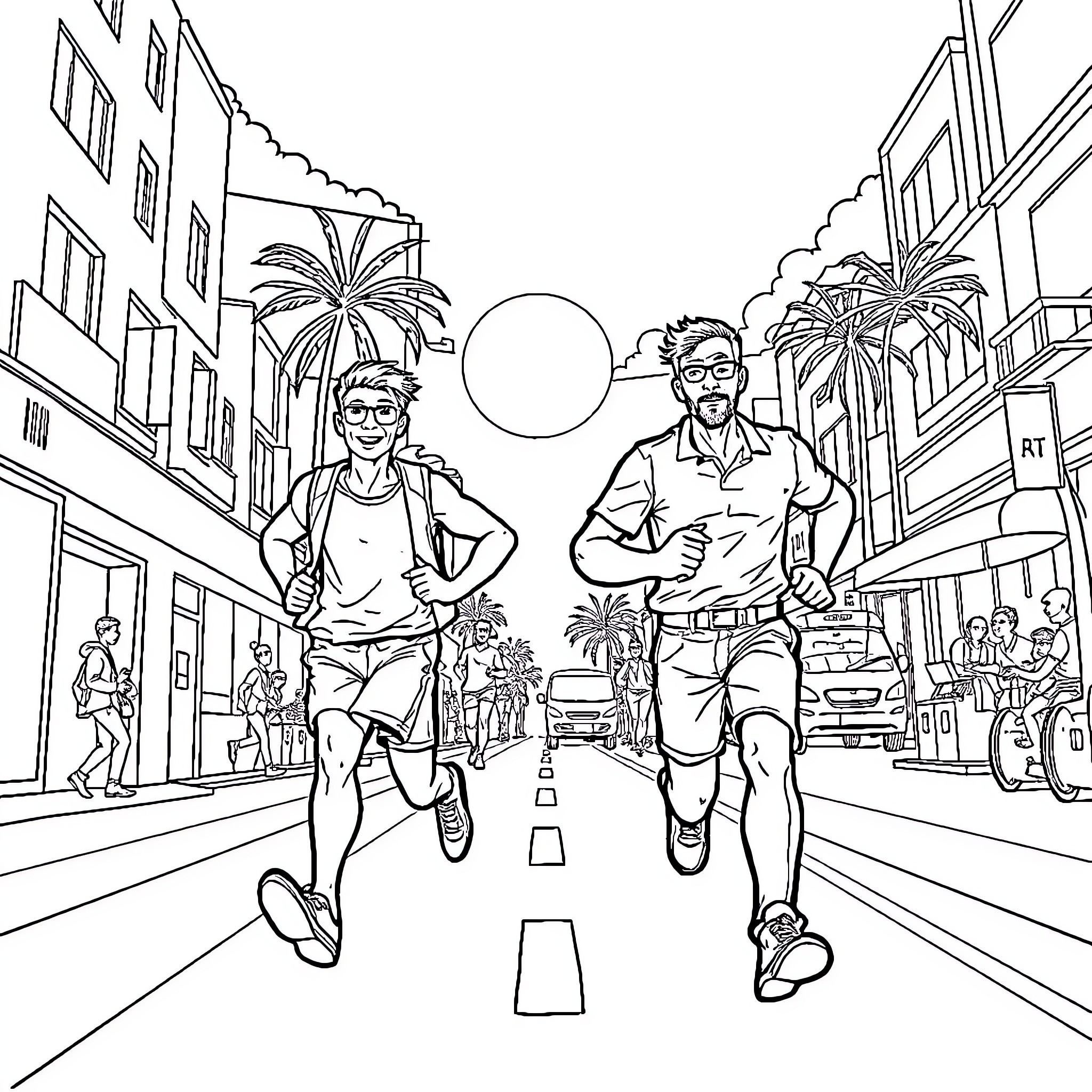 Man running in a bustling city street Coloring Page (free black-and-white line drawing printable PDF for all, from beginners to advanced learners, including children, teens, adults, and seniors)