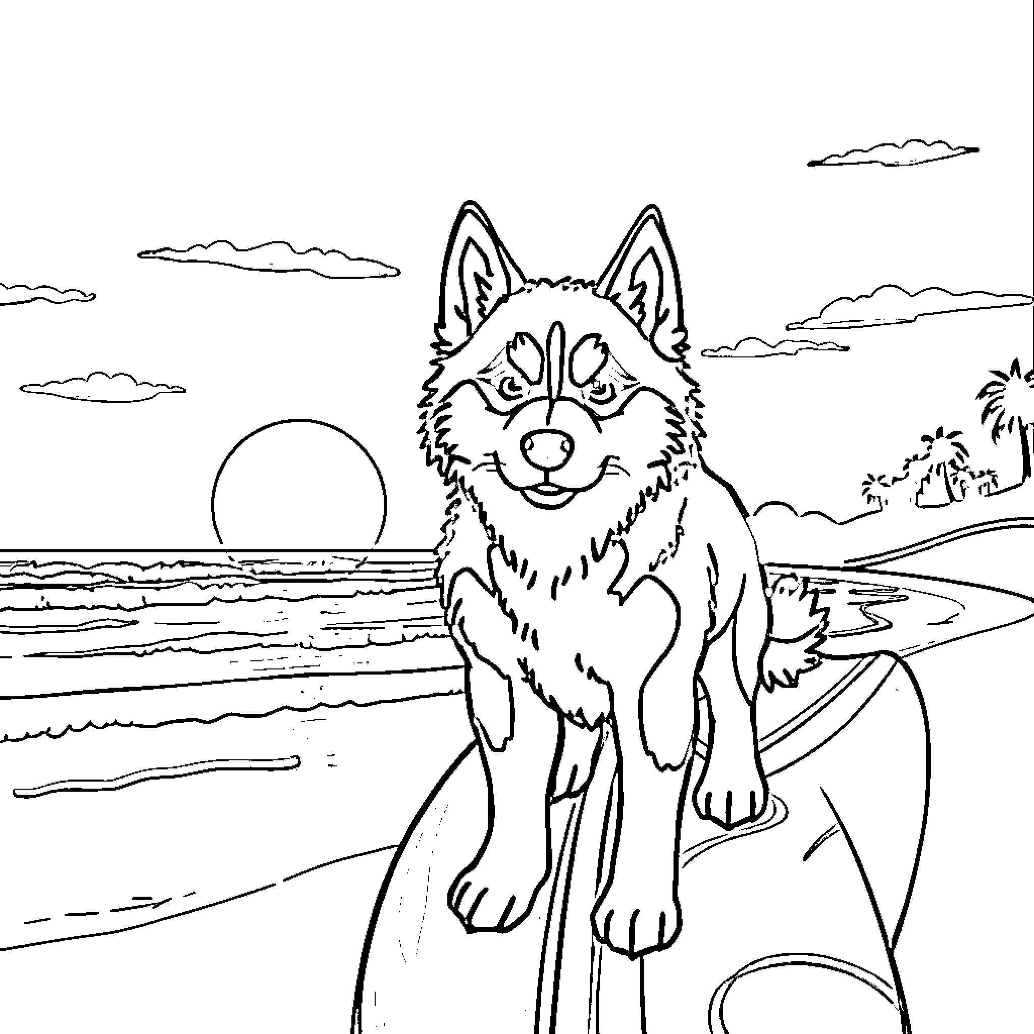 Husky enjoying the beach scenery Coloring Page (free black-and-white line drawing printable PDF for all, from beginners to advanced learners, including children, teens, adults, and seniors)