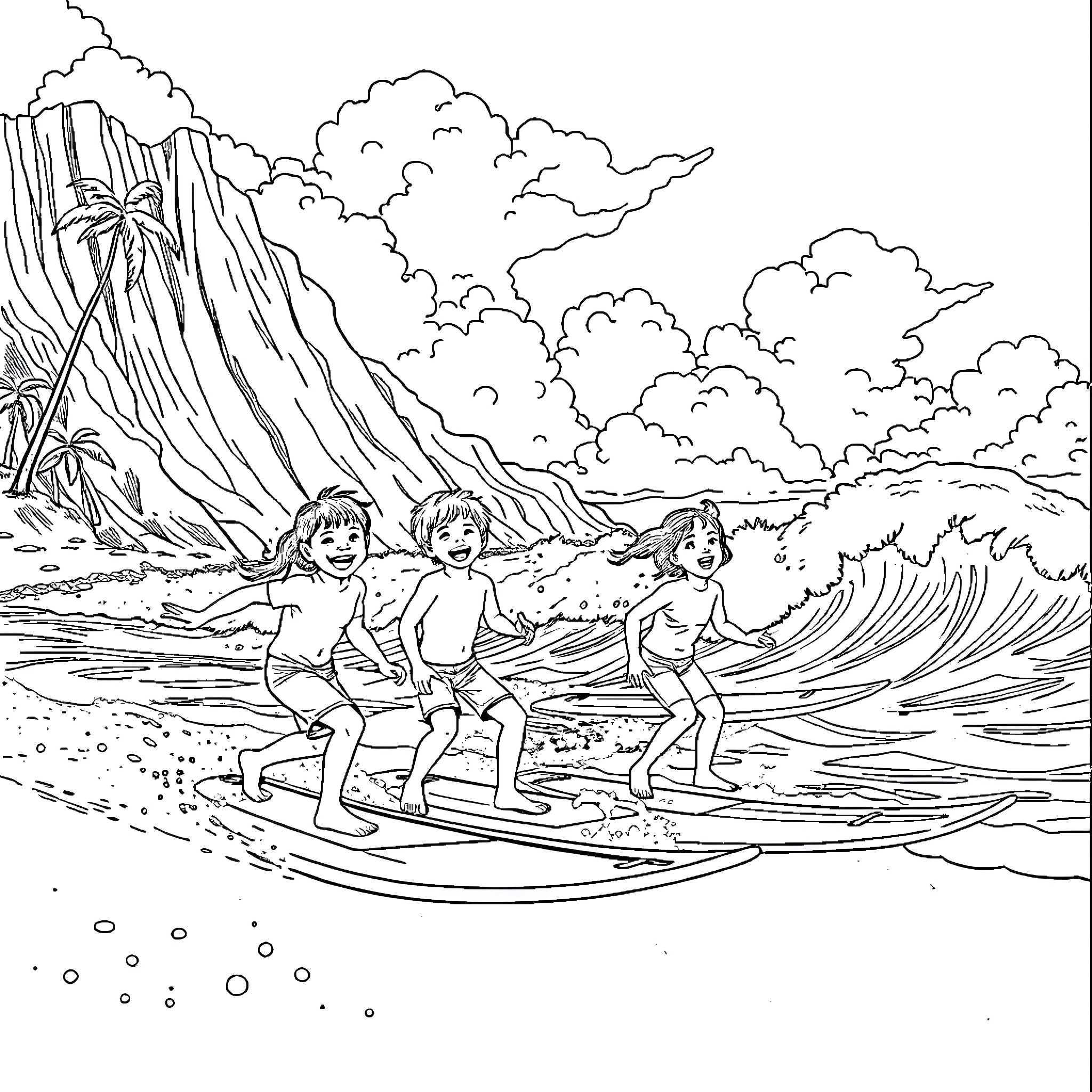 Children surfing together on a tropical beach Coloring Page (free black-and-white line drawing printable PDF for all, from beginners to advanced learners, including children, teens, adults, and seniors)