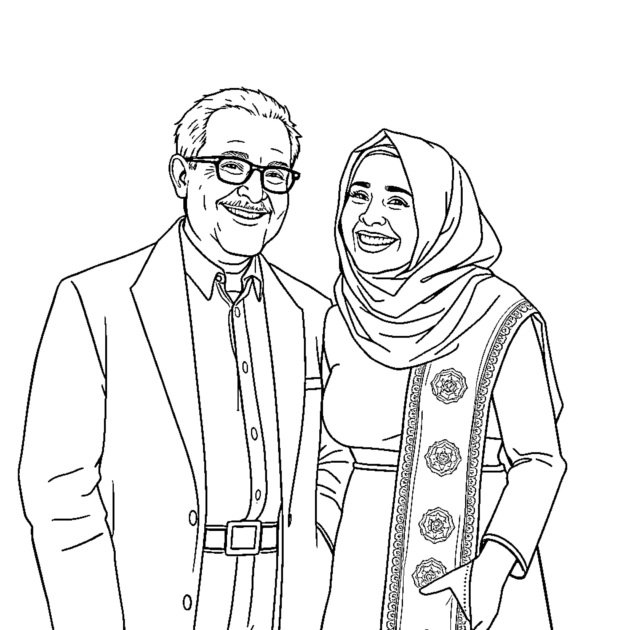 Karol G smiles with an elderly couple in formal attire Coloring Page (free black-and-white line drawing printable PDF for all, from beginners to advanced learners, including children, teens, adults, and seniors)