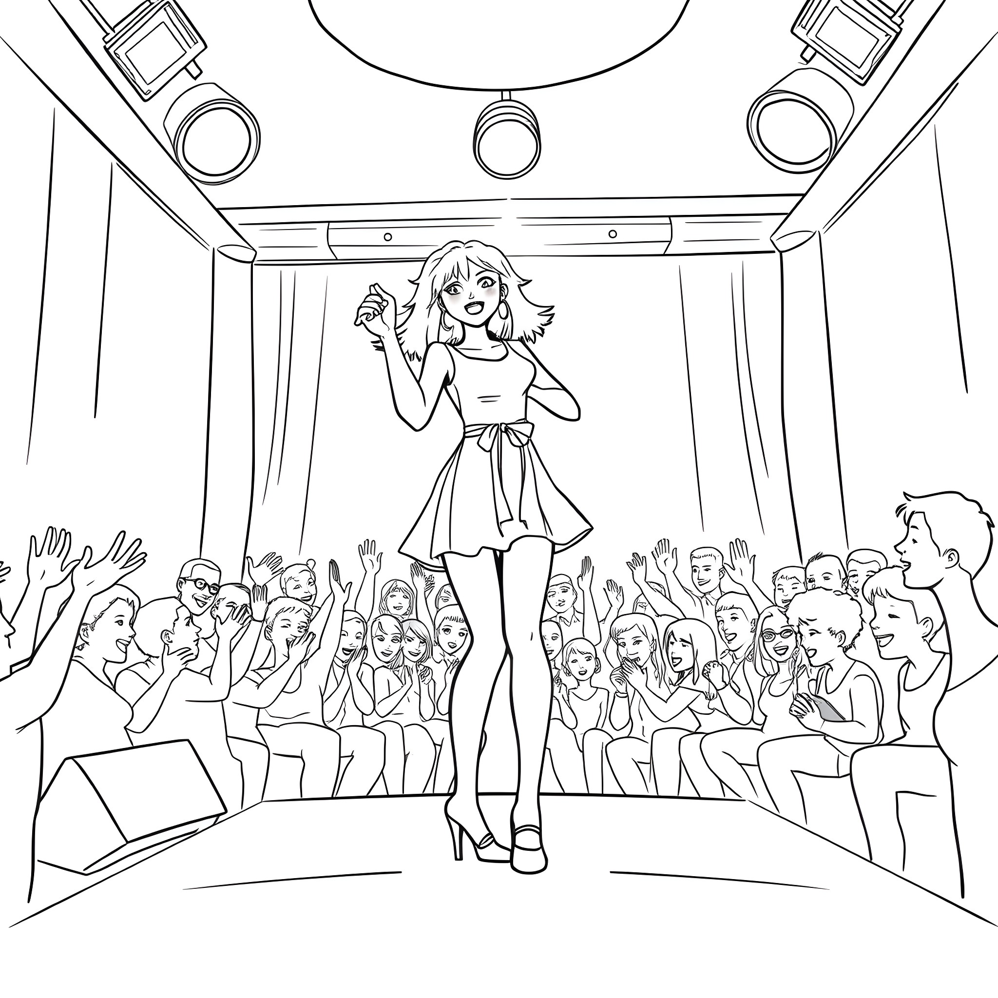 Teen Girl Performing on Stage with Audience Coloring Page (free black-and-white line drawing printable PDF for all, from beginners to advanced learners, including children, teens, adults, and seniors)