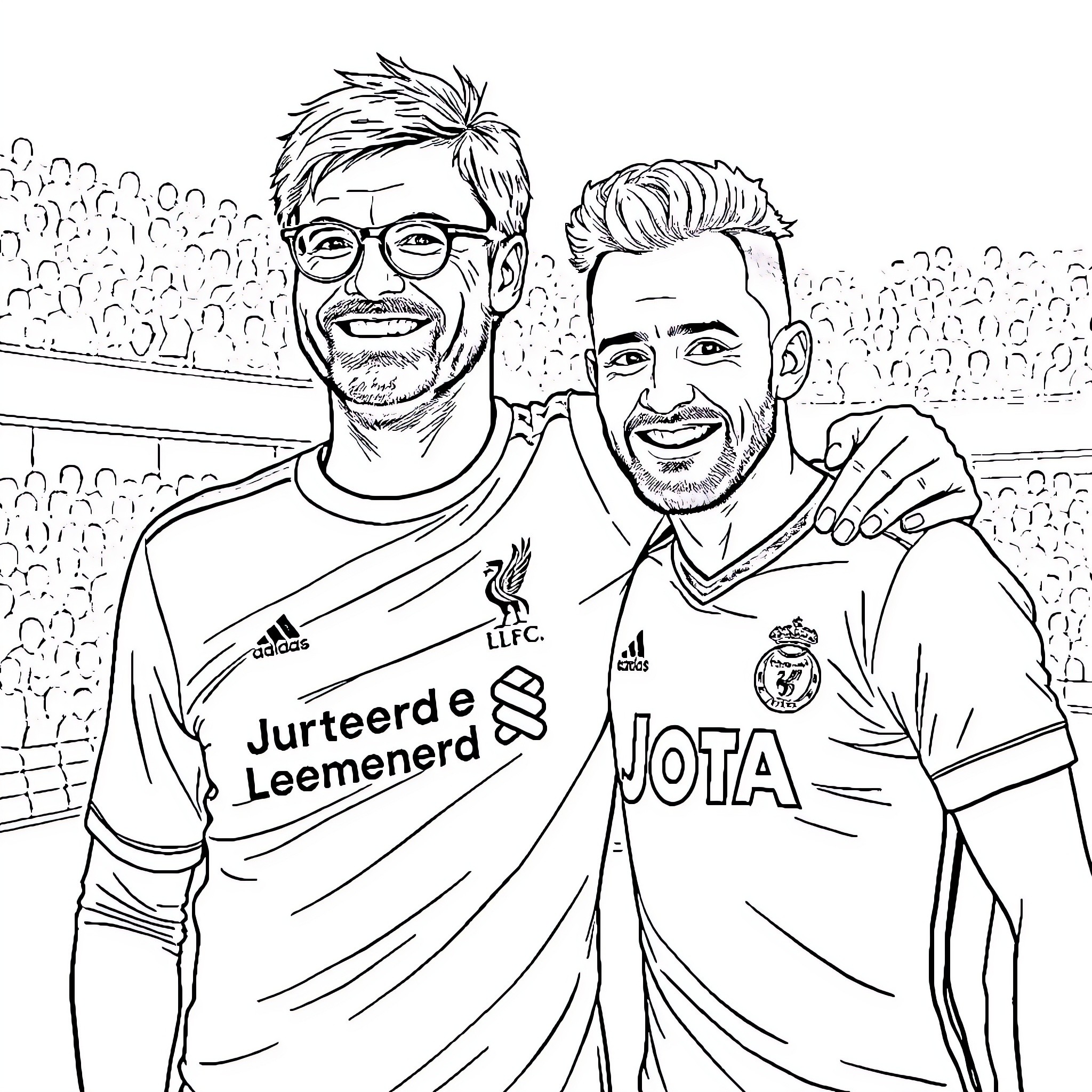 Jurgen Klopp and player sharing celebratory moment on field Coloring Page (free black-and-white line drawing printable PDF for all, from beginners to advanced learners, including children, teens, adults, and seniors)
