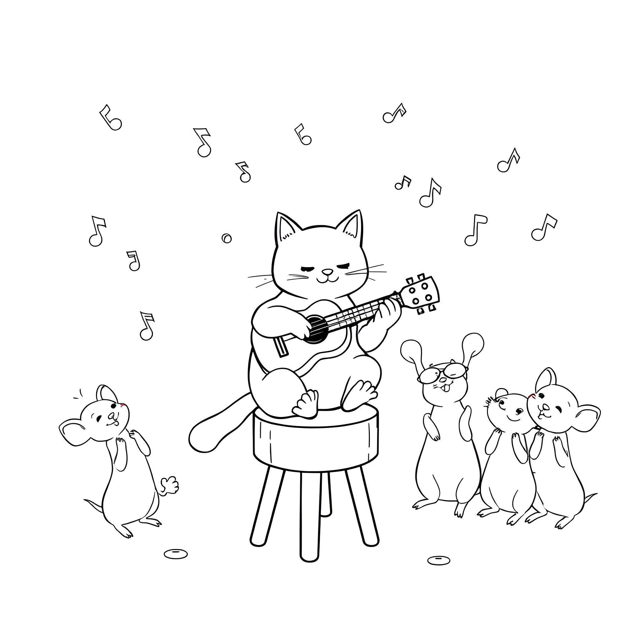 Cat playing guitar and singing with mouse friends Coloring Page (free black-and-white line drawing printable PDF for all, from beginners to advanced learners, including children, teens, adults, and seniors)