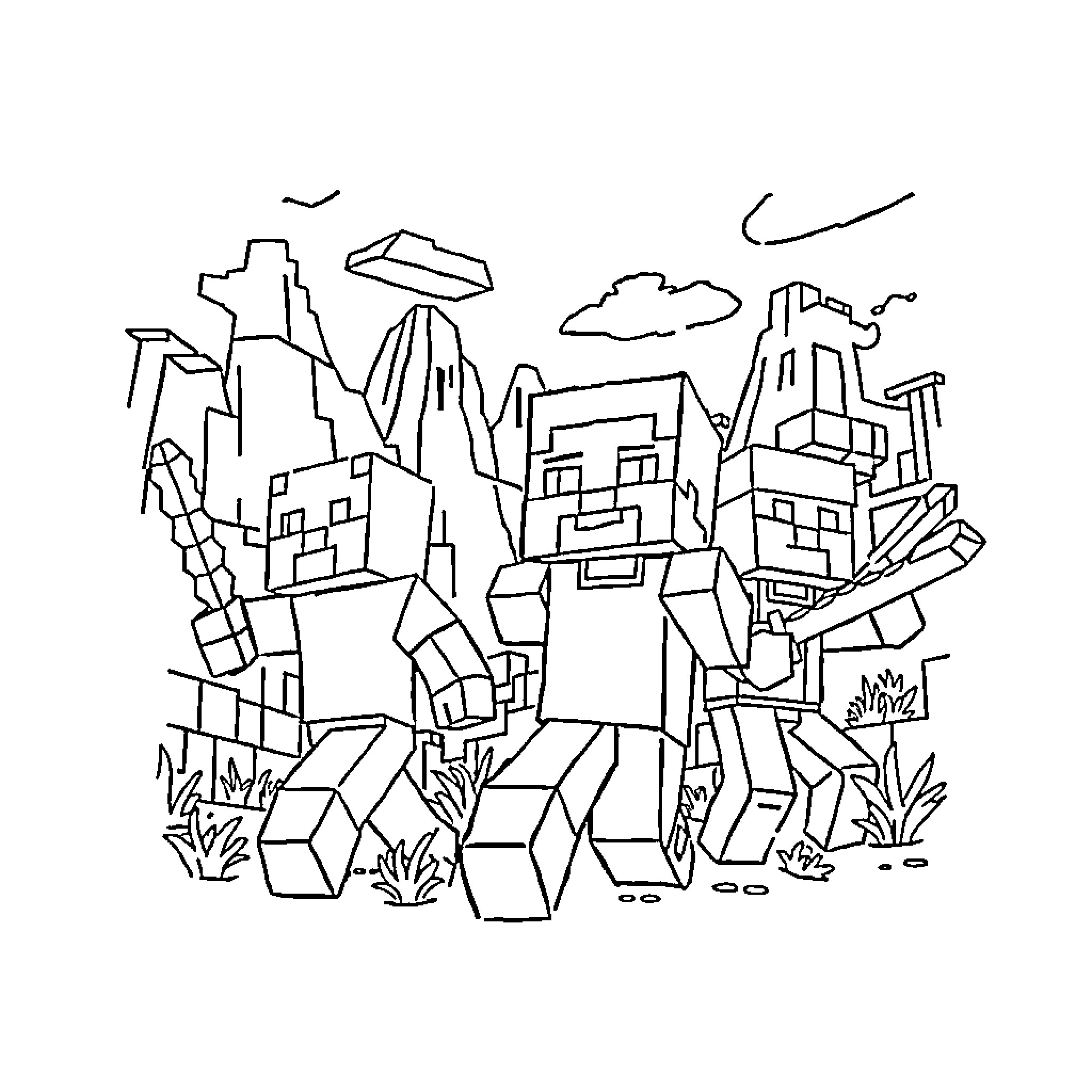 Minecraft Characters Exploring Blocky Landscape Coloring Page (free black-and-white line drawing printable PDF for all, from beginners to advanced learners, including children, teens, adults, and seniors)