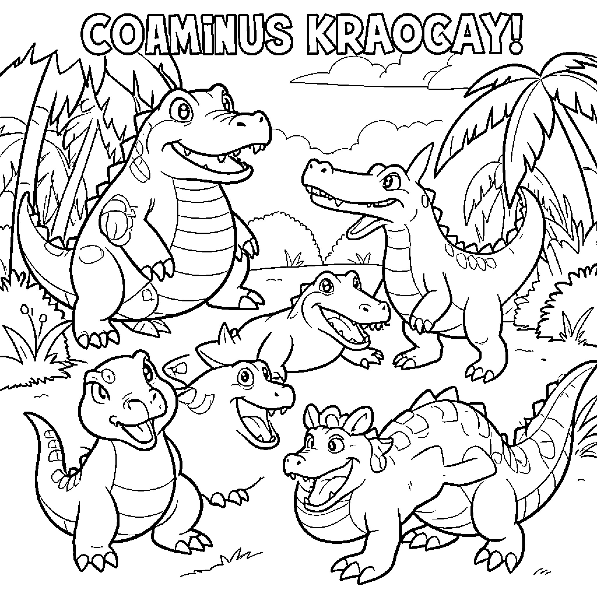 Pokémon characters interacting happily in a tropical jungle Coloring Page (free black-and-white line drawing printable PDF for all, from beginners to advanced learners, including children, teens, adults, and seniors)