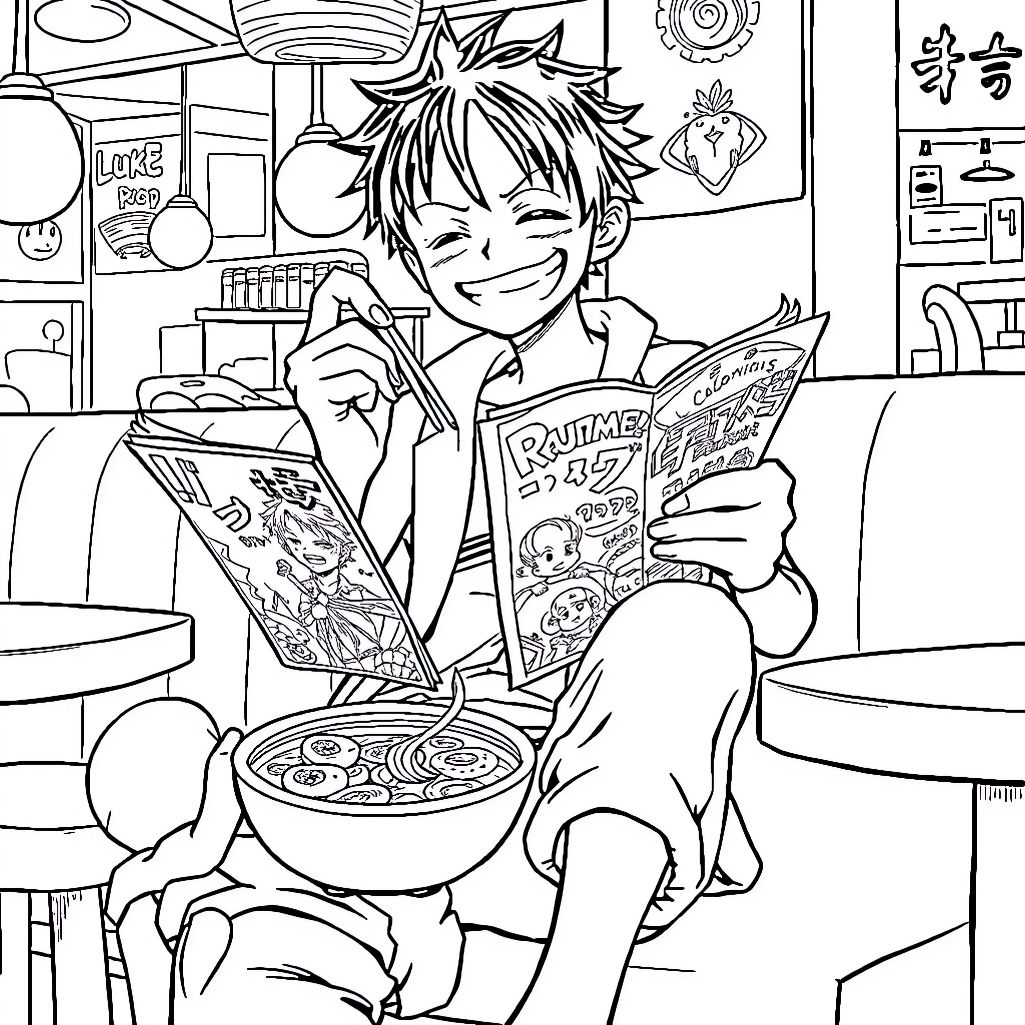 Monkey D Luffy enjoying a comic book while eating ramen Coloring Page (free black-and-white line drawing printable PDF for all, from beginners to advanced learners, including children, teens, adults, and seniors)