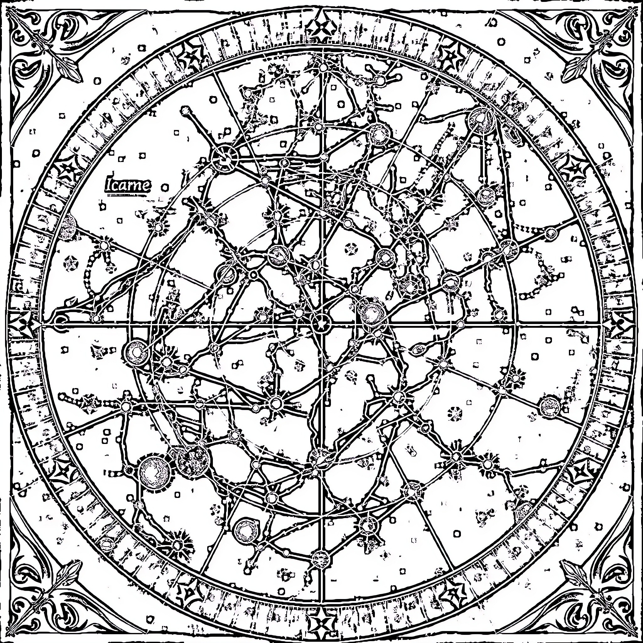 Star Map of Celestial Constellations Coloring Page (free black-and-white line drawing printable PDF for all, from beginners to advanced learners, including children, teens, adults, and seniors)