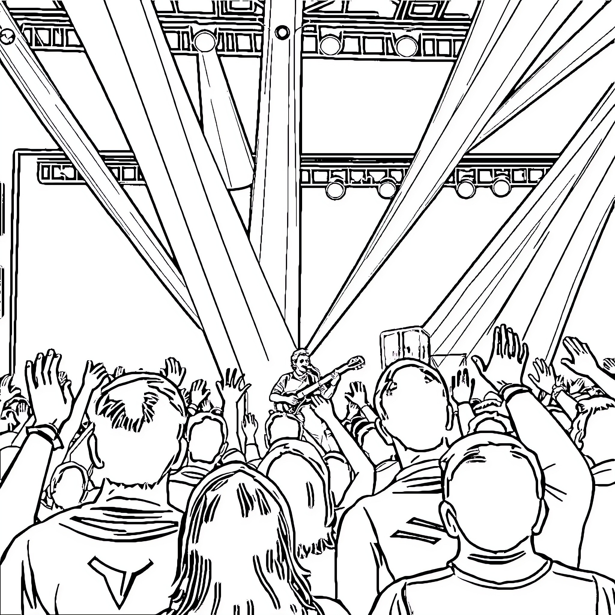 Foo Fighters Performing at Epic Rock Concert Coloring Page (free black-and-white line drawing printable PDF for all, from beginners to advanced learners, including children, teens, adults, and seniors)