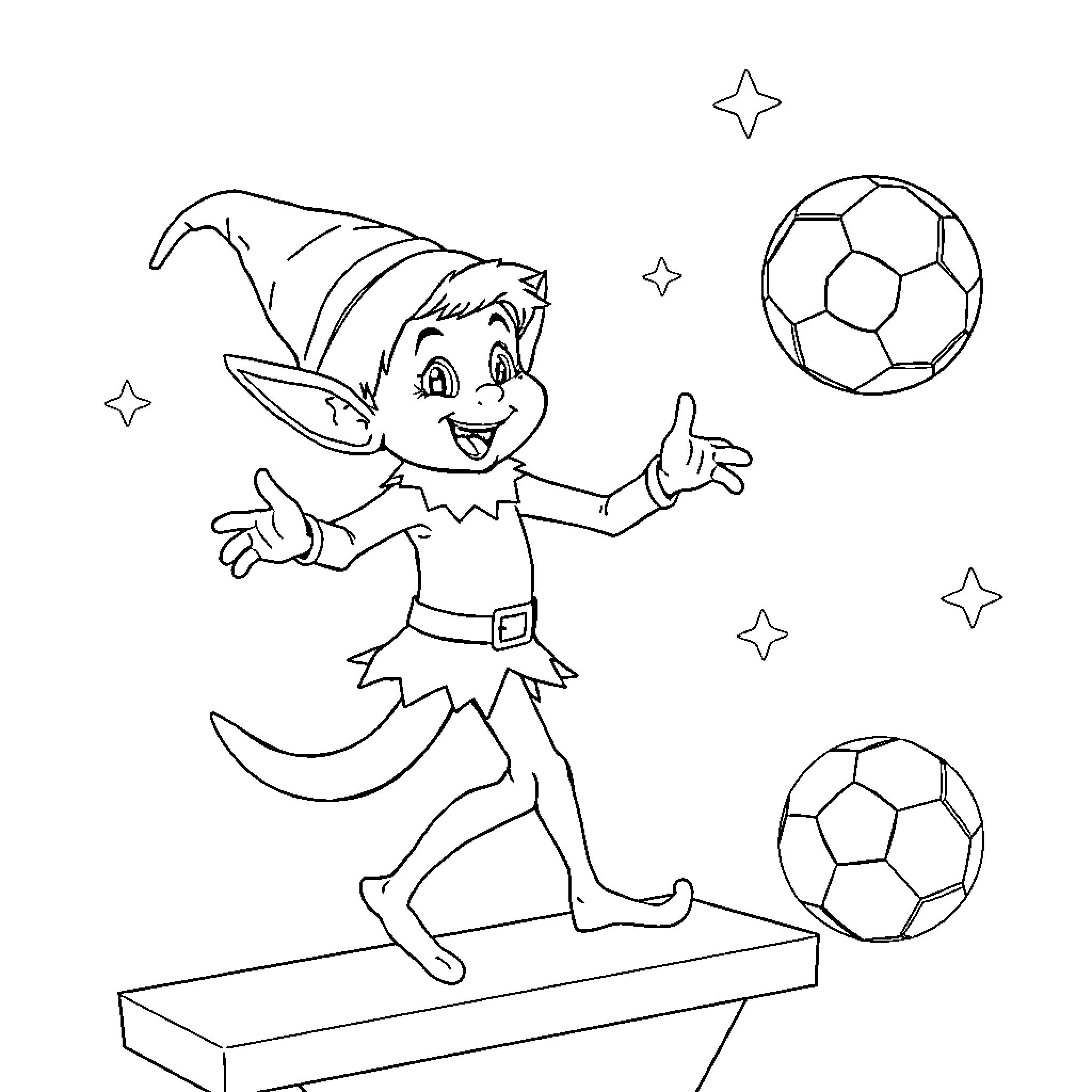 Elf playing joyfully with soccer balls Coloring Page (free black-and-white line drawing printable PDF for all, from beginners to advanced learners, including children, teens, adults, and seniors)