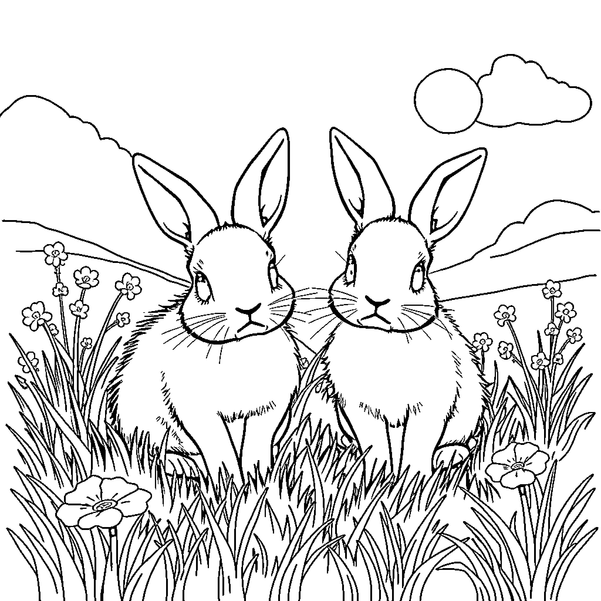 Rabbits sitting amidst flowers in a scenic landscape Coloring Page (free black-and-white line drawing printable PDF for all, from beginners to advanced learners, including children, teens, adults, and seniors)