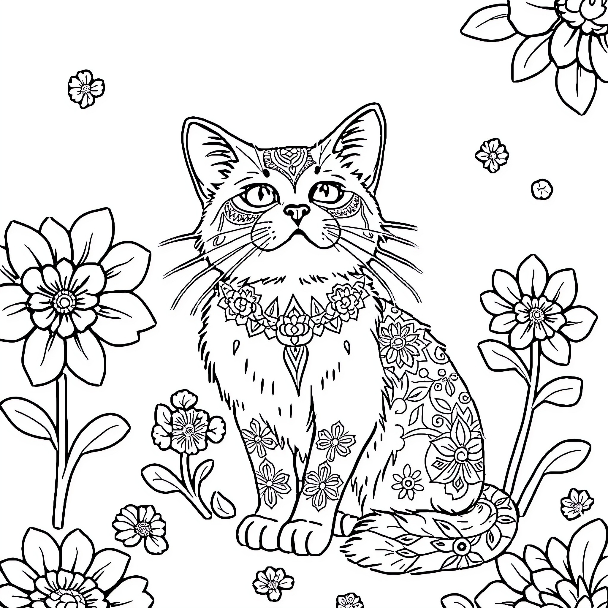 Cat sitting among ornate flowers Coloring Page (free black-and-white line drawing printable PDF for all, from beginners to advanced learners, including children, teens, adults, and seniors)