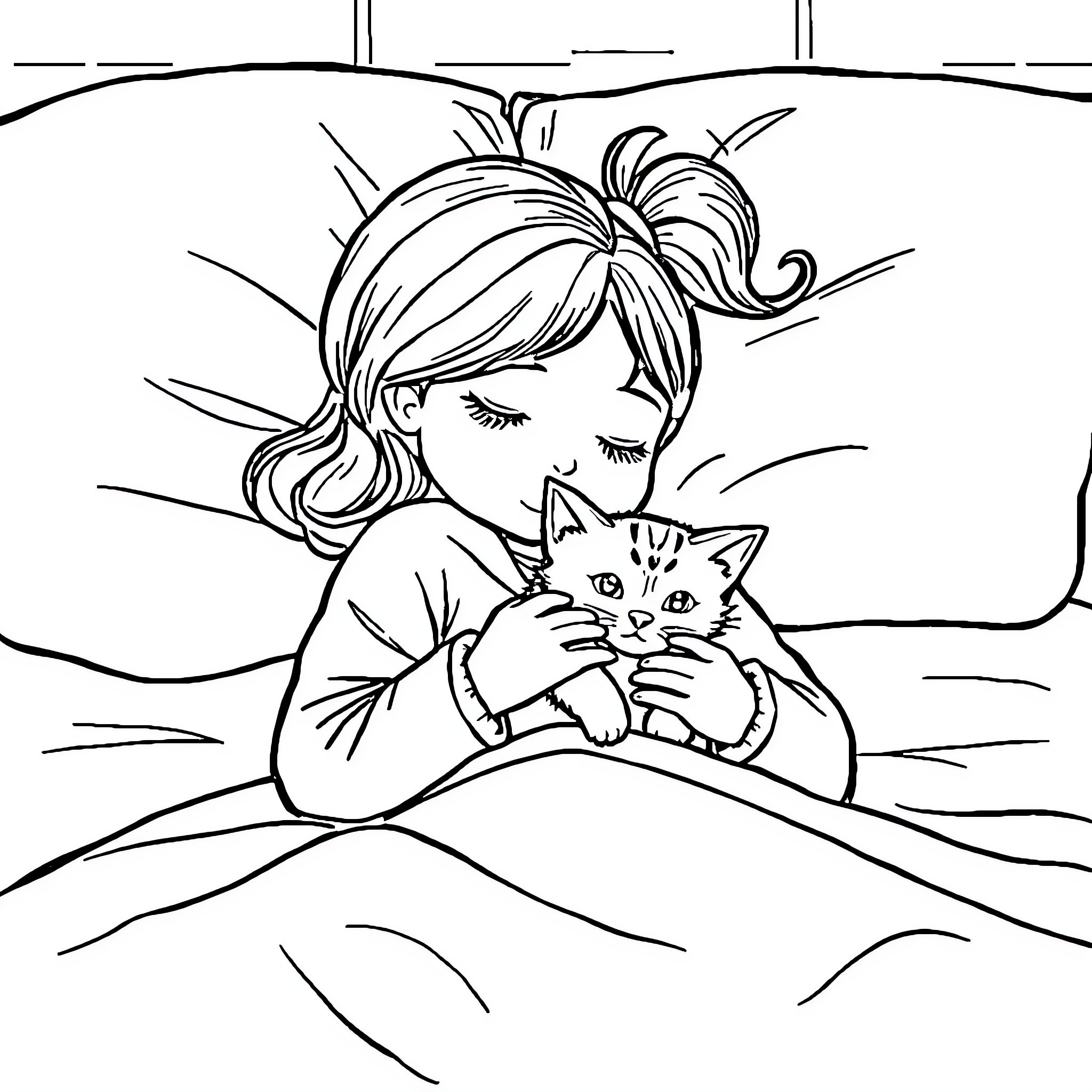 Girl cuddling a kitten in the meadow Coloring Page (free black-and-white line drawing printable PDF for all, from beginners to advanced learners, including children, teens, adults, and seniors)