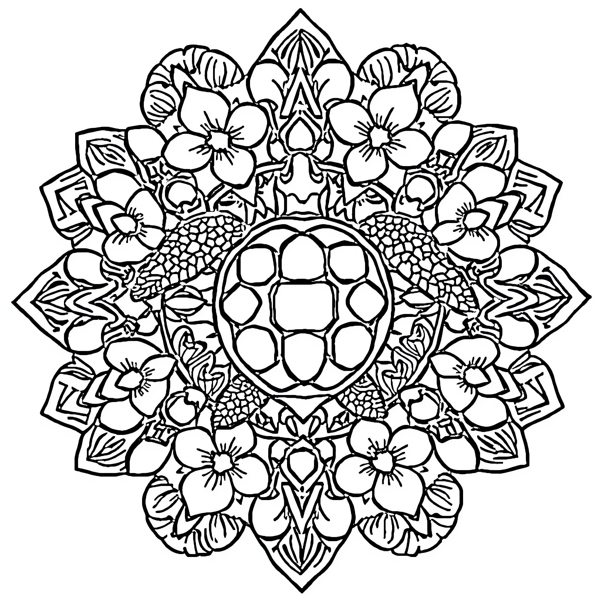Mandala with intricate floral patterns and geometric shapes Coloring Page (free black-and-white line drawing printable PDF for all, from beginners to advanced learners, including children, teens, adults, and seniors)
