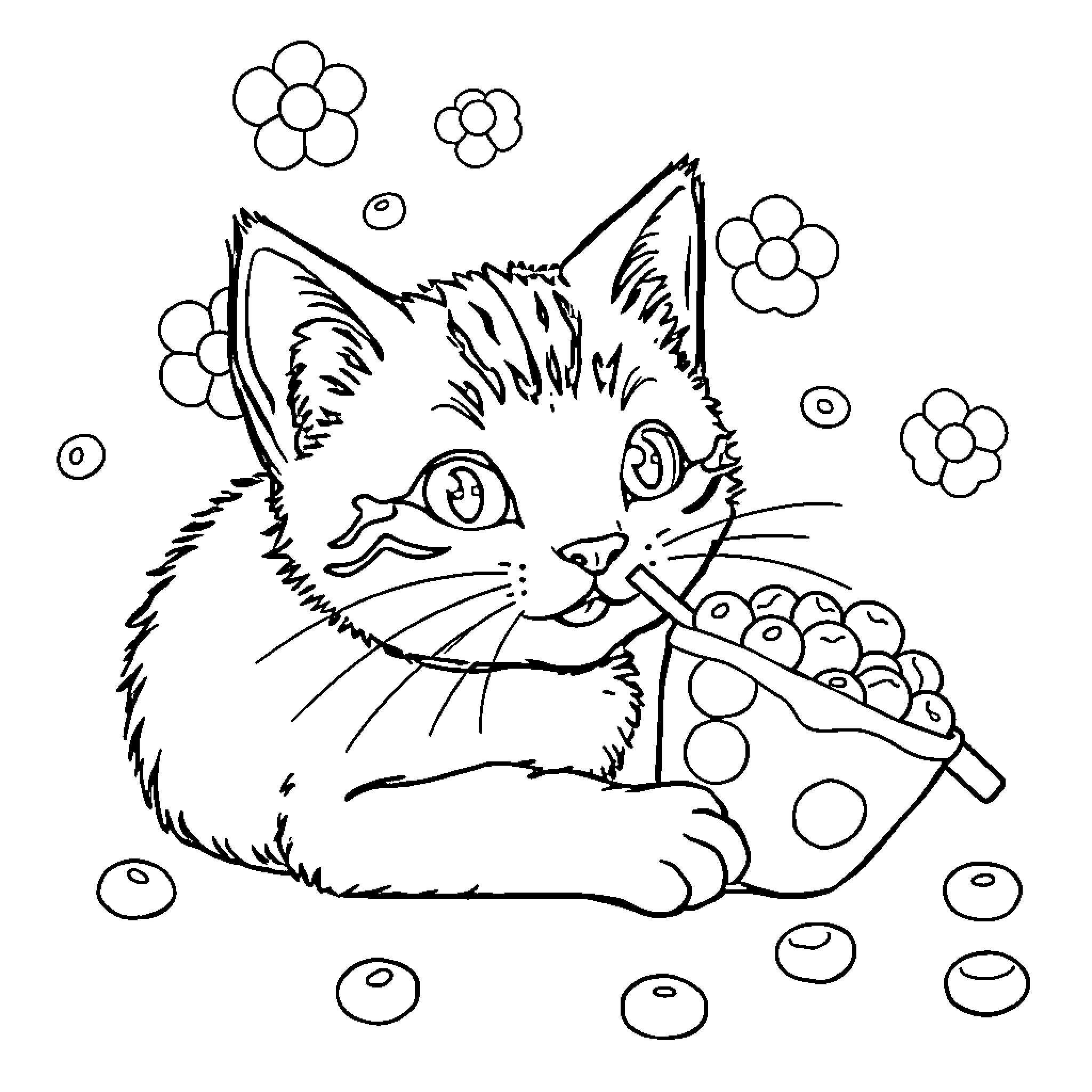Gato playing with floral shapes and bubbles Coloring Page (free black-and-white line drawing printable PDF for all, from beginners to advanced learners, including children, teens, adults, and seniors)