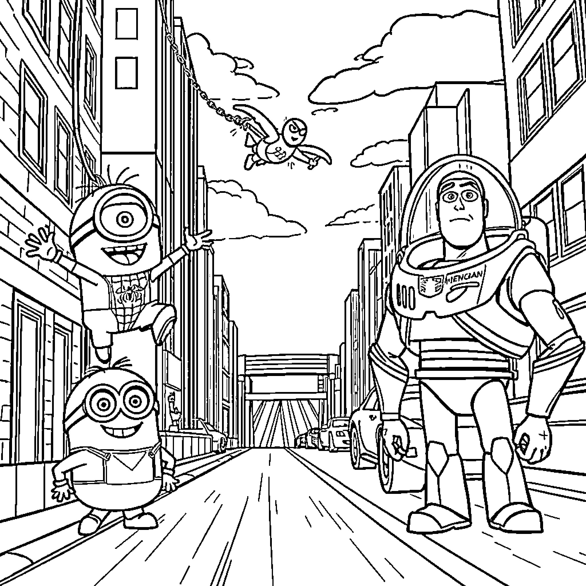 Minions exploring the city with Buzz Lightyear Coloring Page (free black-and-white line drawing printable PDF for all, from beginners to advanced learners, including children, teens, adults, and seniors)