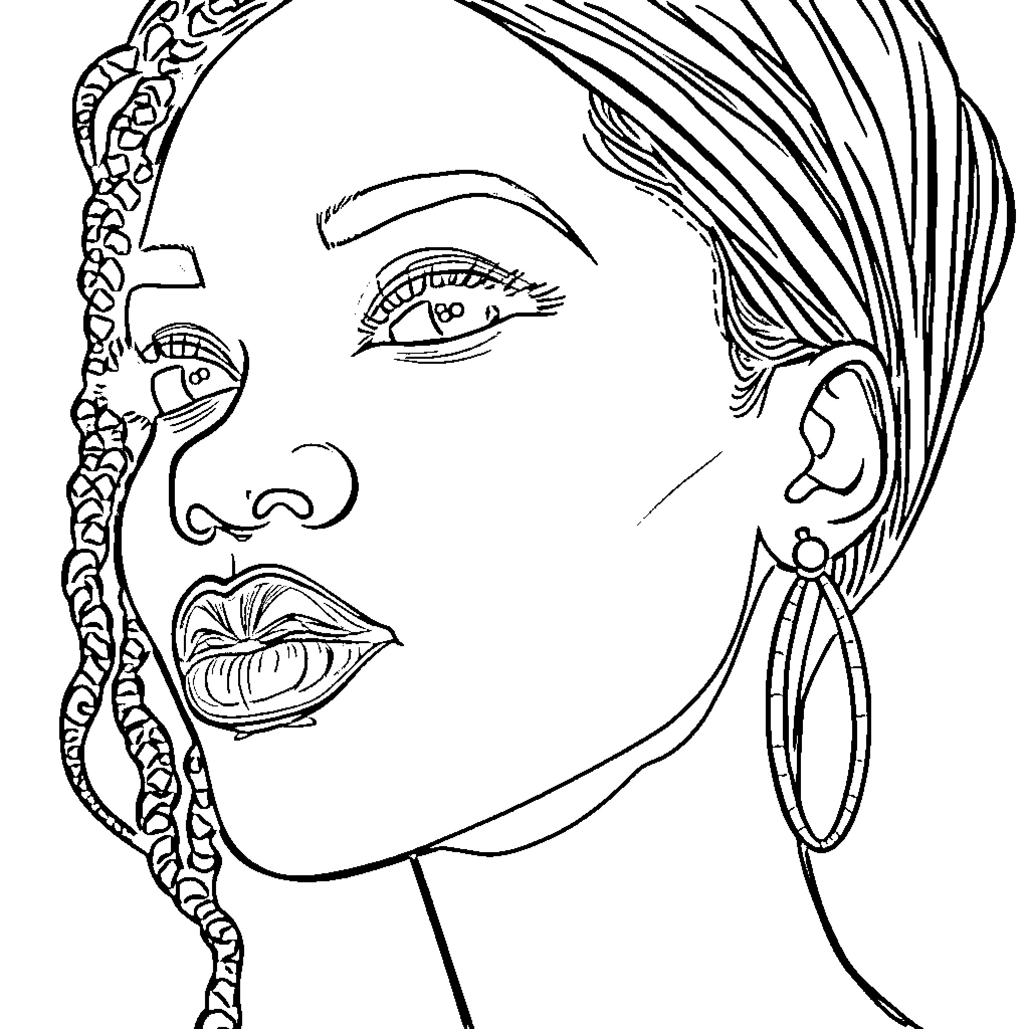 Woman with abstract facial features and accessories Coloring Page (free black-and-white line drawing printable PDF for all, from beginners to advanced learners, including children, teens, adults, and seniors)