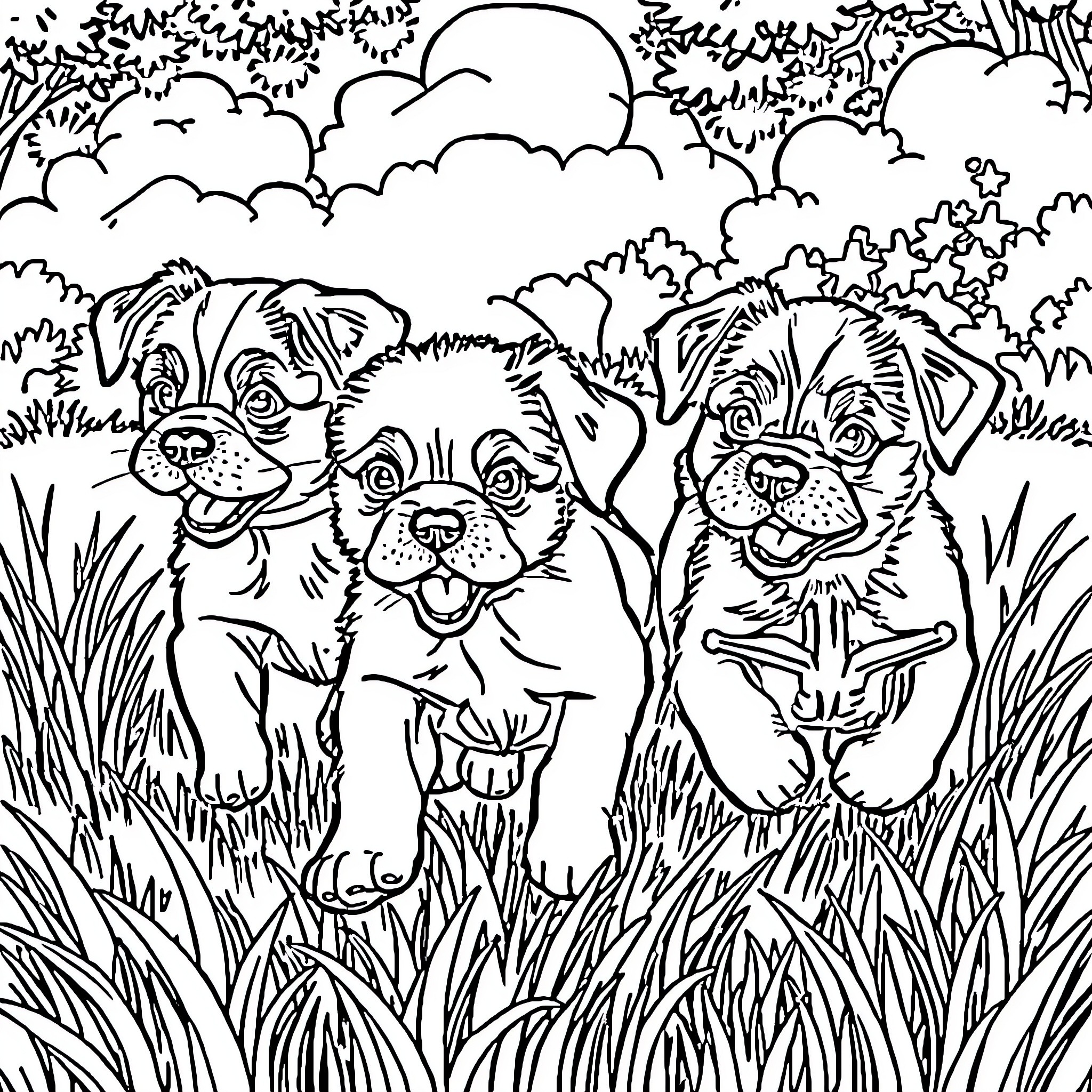 Puppies playing happily in the grassy field Coloring Page (free black-and-white line drawing printable PDF for all, from beginners to advanced learners, including children, teens, adults, and seniors)