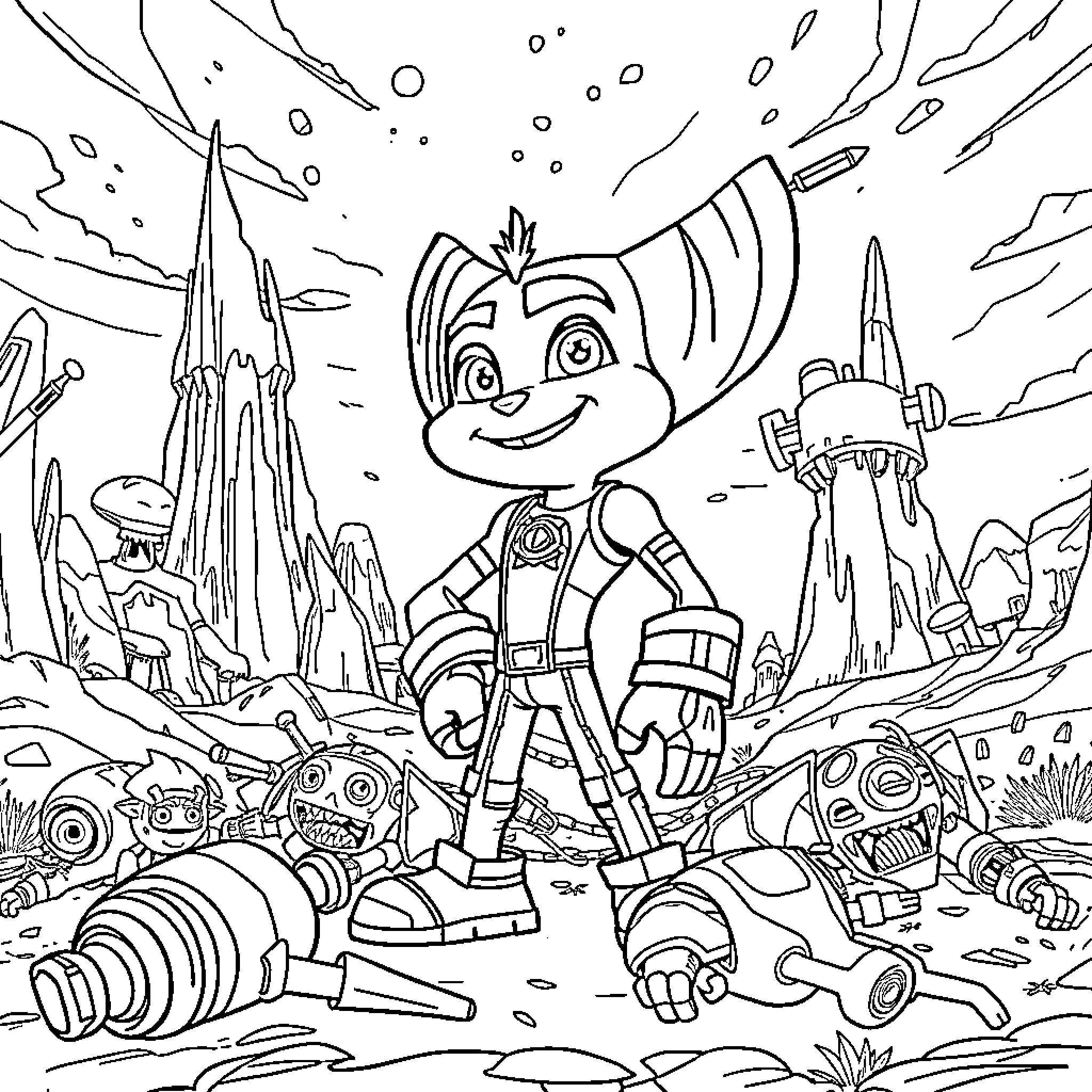 Ratchet Embarking on an Intergalactic Adventure Coloring Page (free black-and-white line drawing printable PDF for all, from beginners to advanced learners, including children, teens, adults, and seniors)