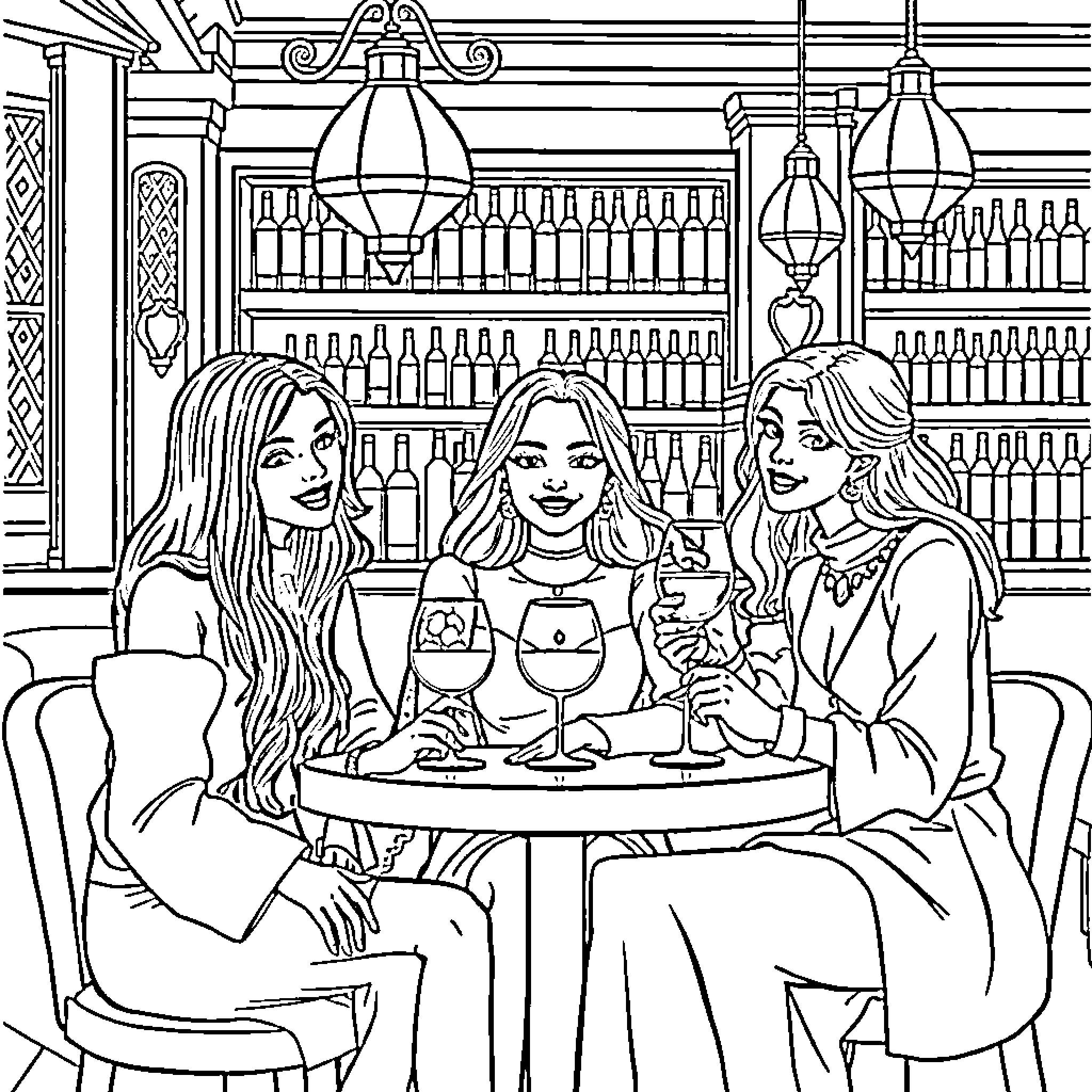 Girls Socializing and Enjoying Drinks in Cozy Cafe Coloring Page (free black-and-white line drawing printable PDF for all, from beginners to advanced learners, including children, teens, adults, and seniors)