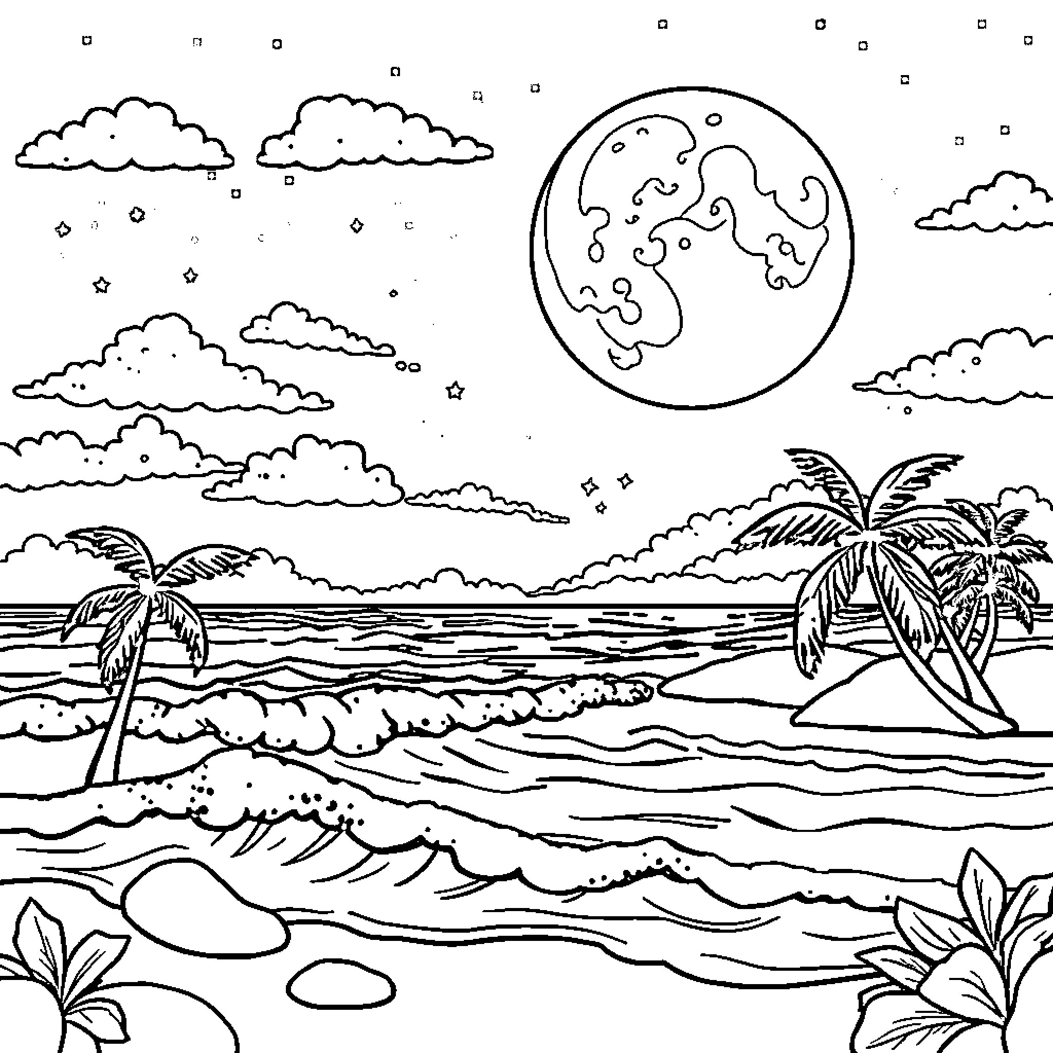 Moon shining over tropical beach paradise Coloring Page (free black-and-white line drawing printable PDF for all, from beginners to advanced learners, including children, teens, adults, and seniors)