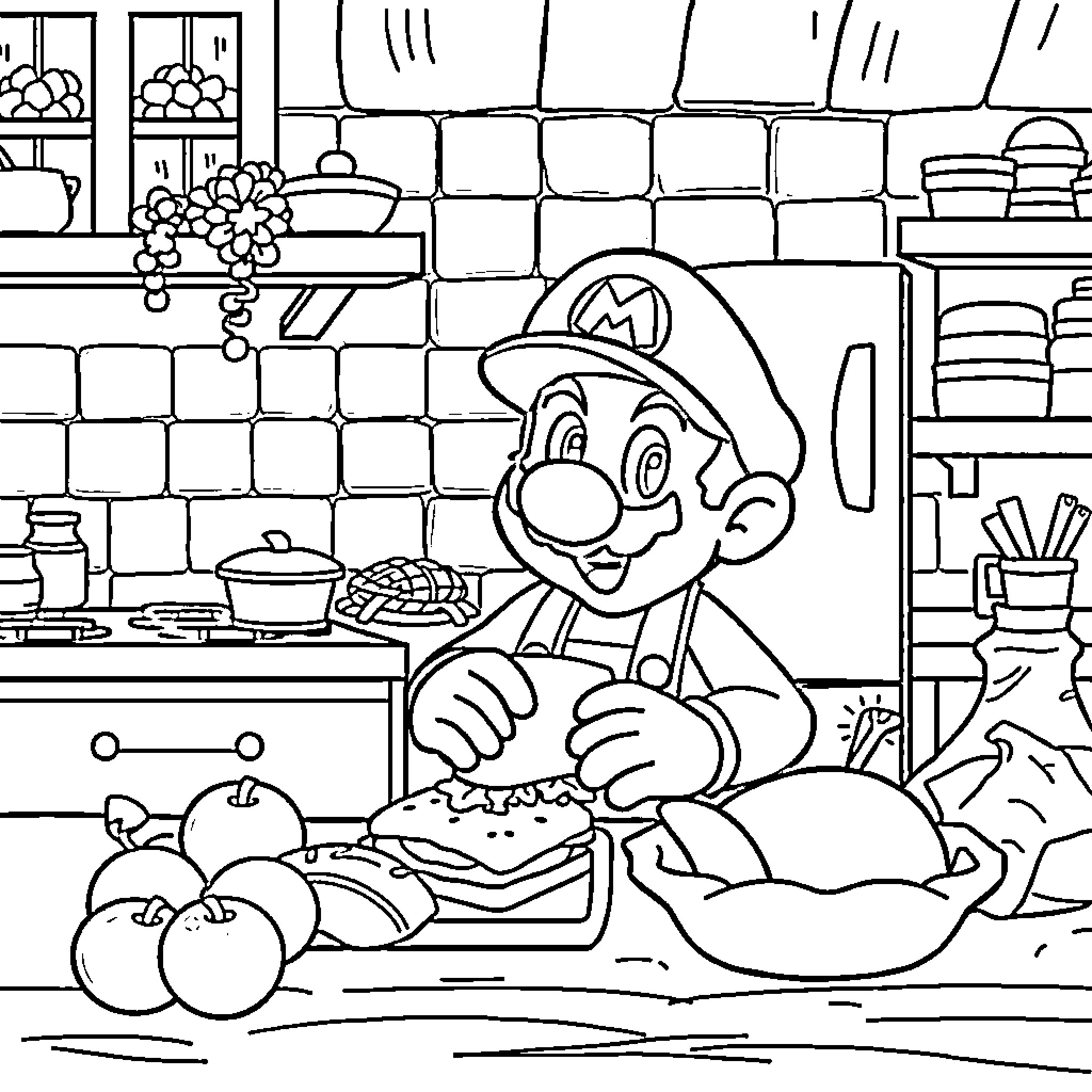 Mario enjoying a tasty meal in the kitchen Coloring Page (free black-and-white line drawing printable PDF for all, from beginners to advanced learners, including children, teens, adults, and seniors)