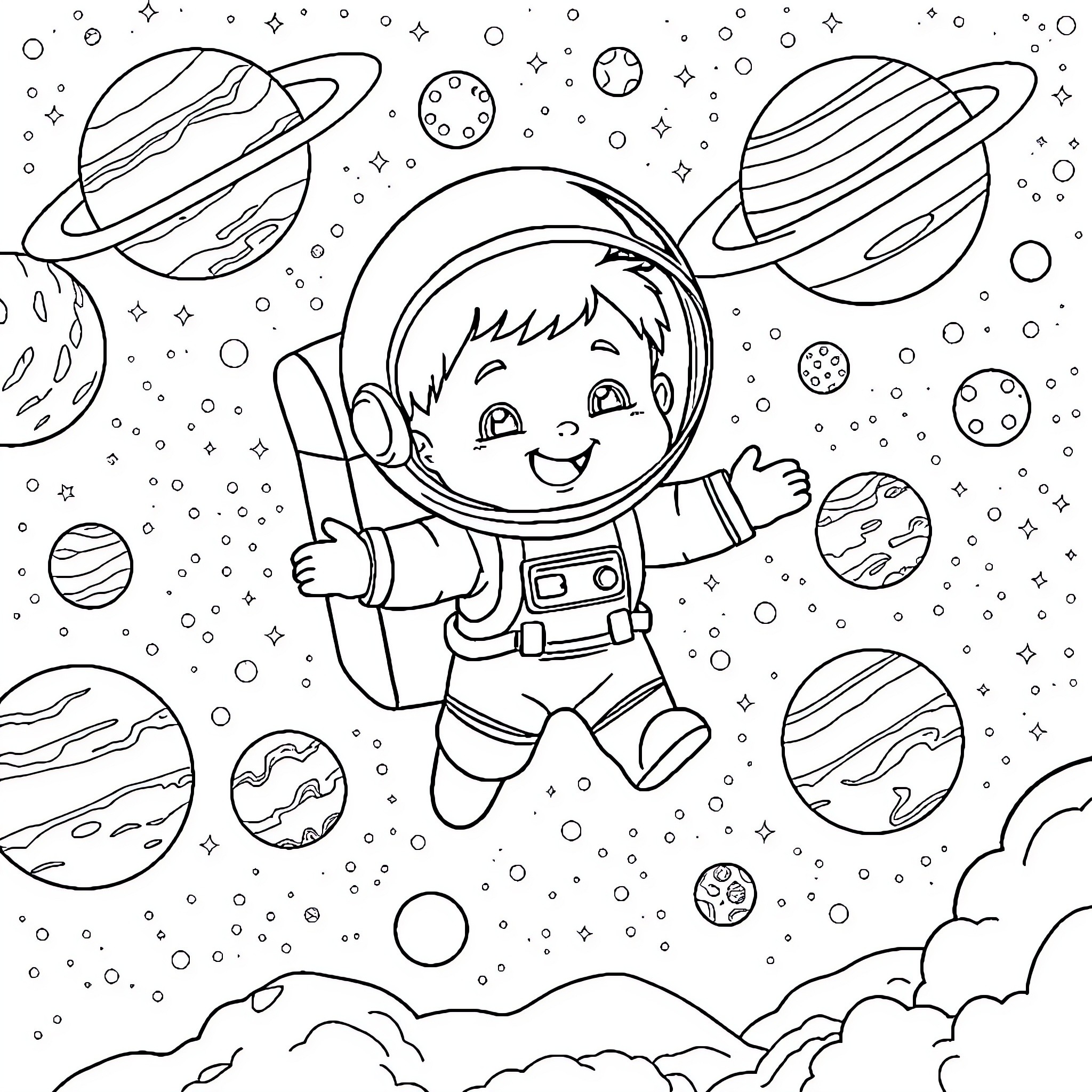 Boy Floating Happily Among the Stars and Planets Coloring Page (free black-and-white line drawing printable PDF for all, from beginners to advanced learners, including children, teens, adults, and seniors)