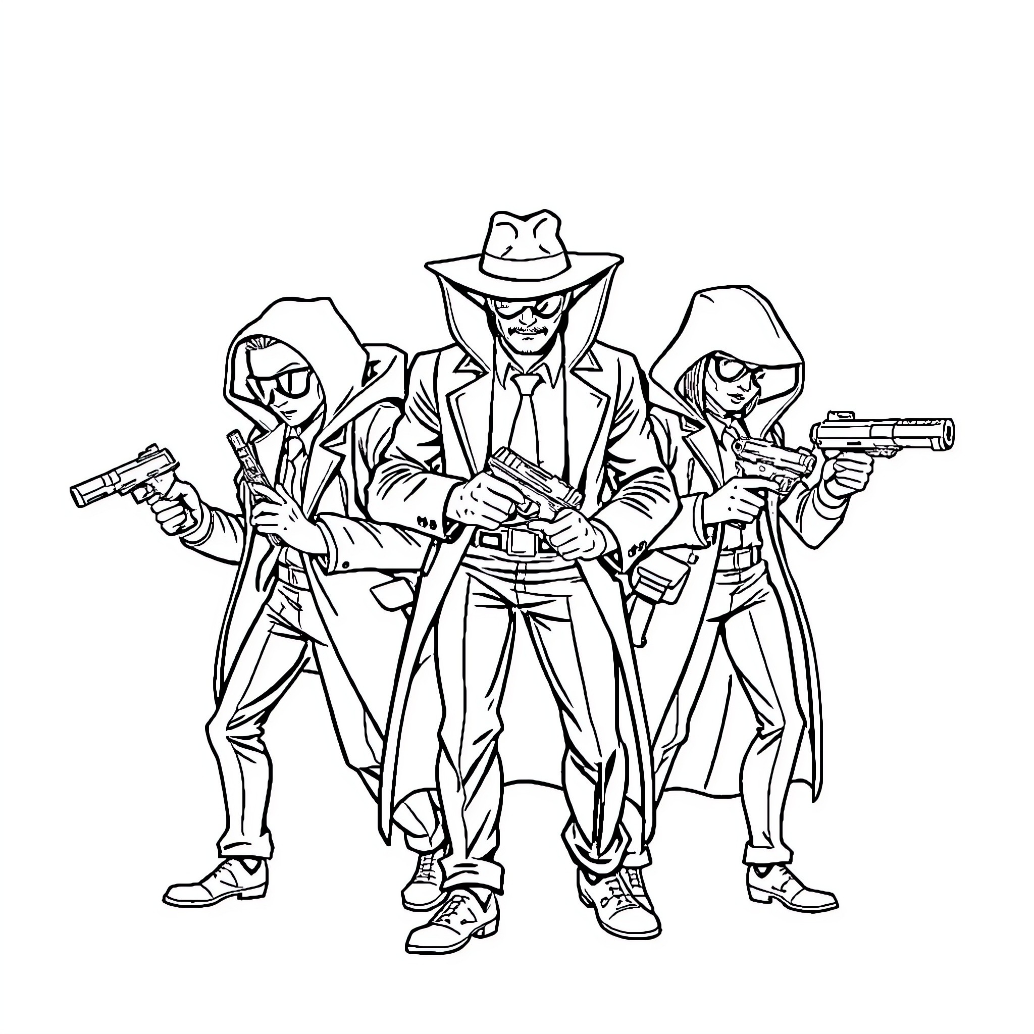 Spy Team in Action Coloring Page (free black-and-white line drawing printable PDF for all, from beginners to advanced learners, including children, teens, adults, and seniors)