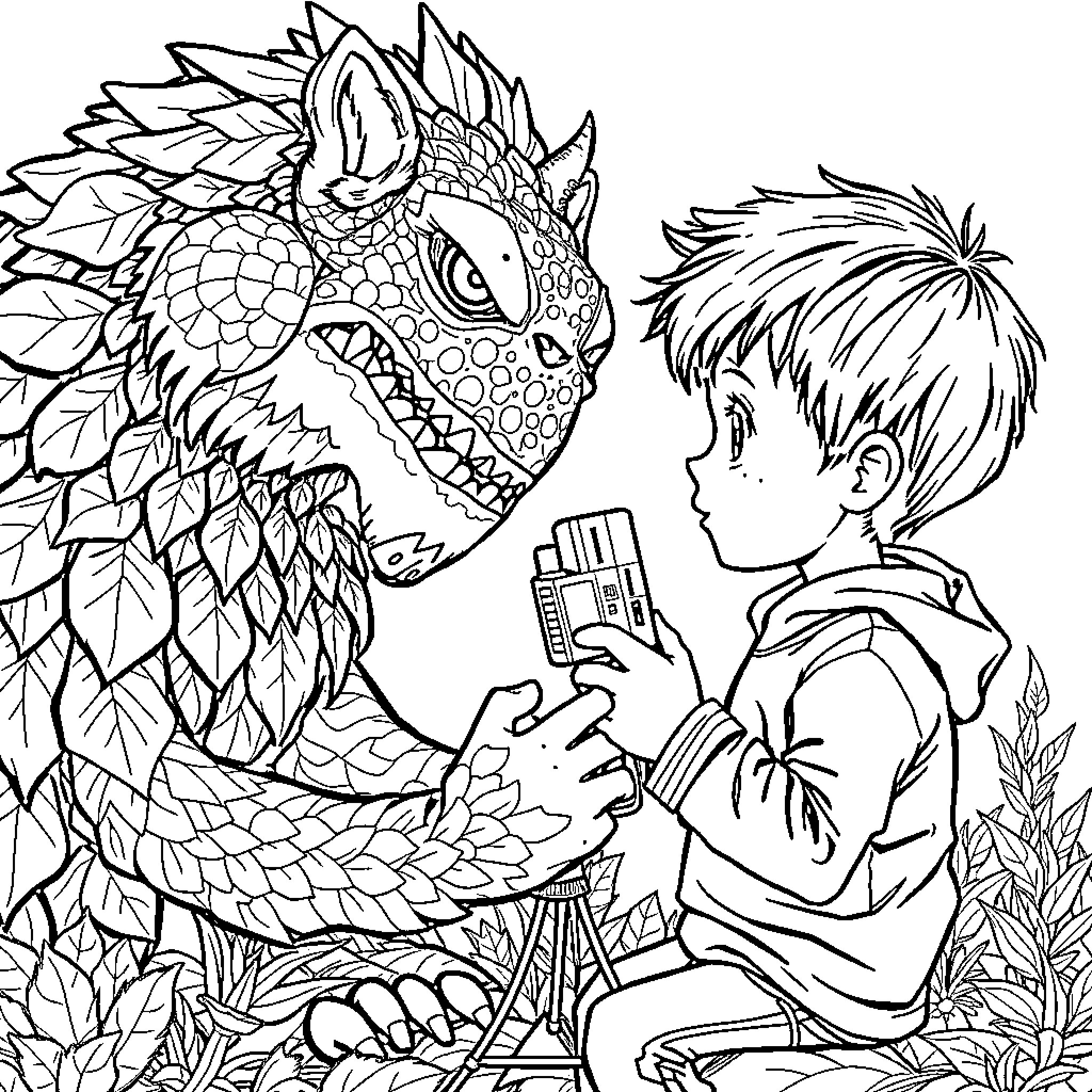 Child Interacting with Fantastical Creature Coloring Page (free black-and-white line drawing printable PDF for all, from beginners to advanced learners, including children, teens, adults, and seniors)
