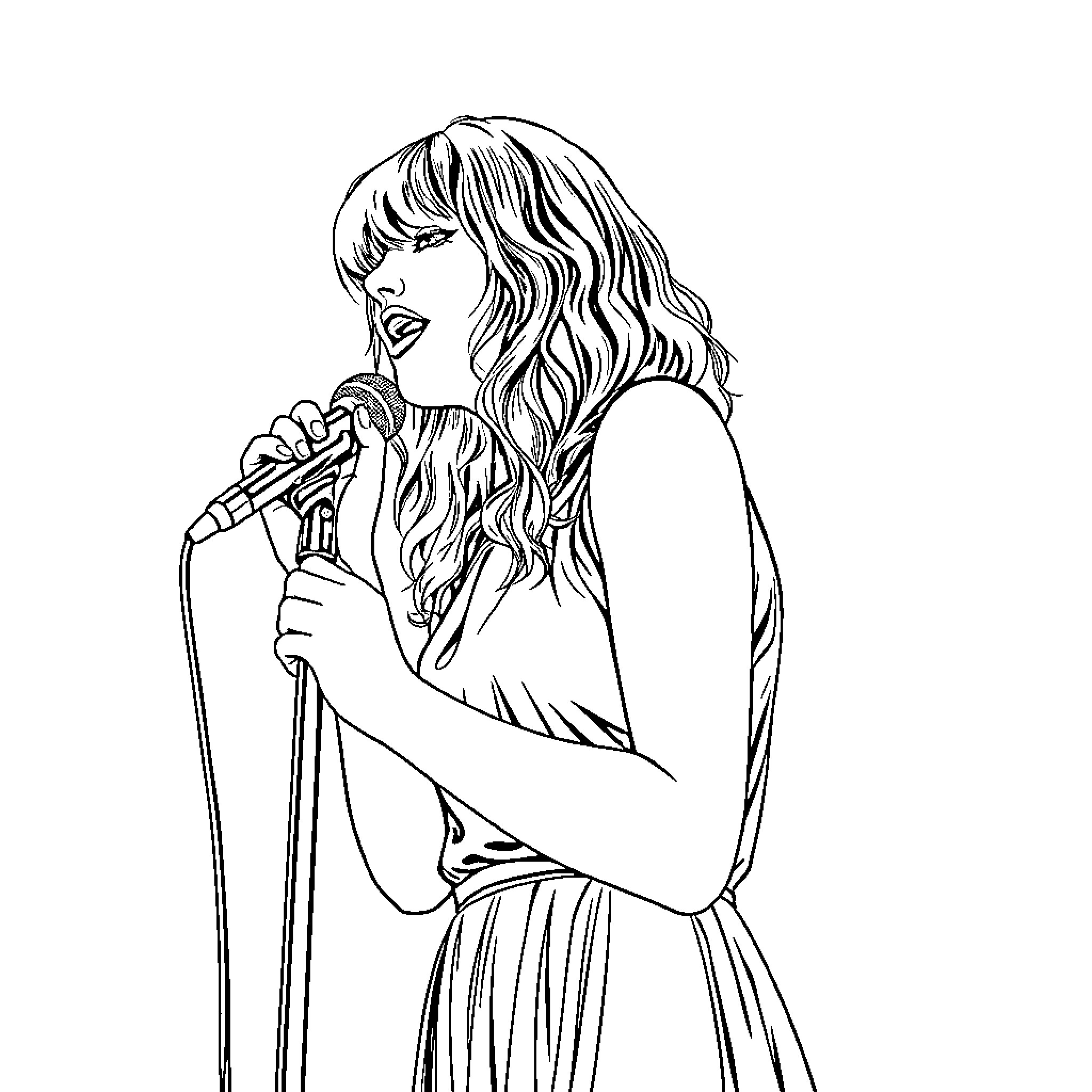 Taylor Swift singing passionately on stage Coloring Page (free black-and-white line drawing printable PDF for all, from beginners to advanced learners, including children, teens, adults, and seniors)