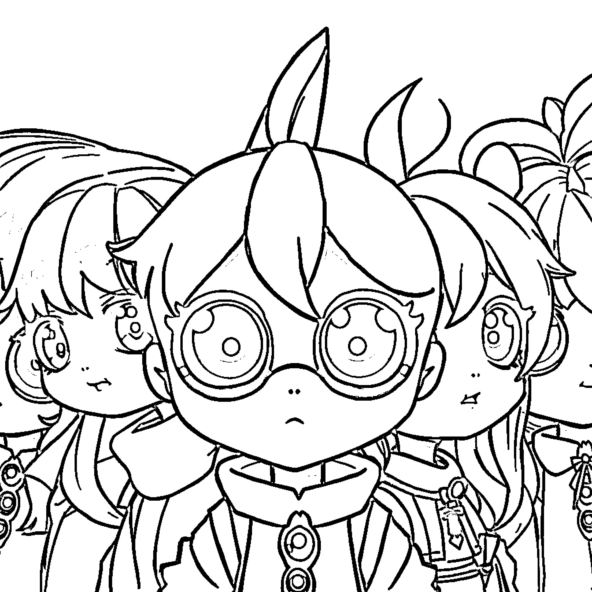 Anime characters with quirky outfits and expressions Coloring Page (free black-and-white line drawing printable PDF for all, from beginners to advanced learners, including children, teens, adults, and seniors)