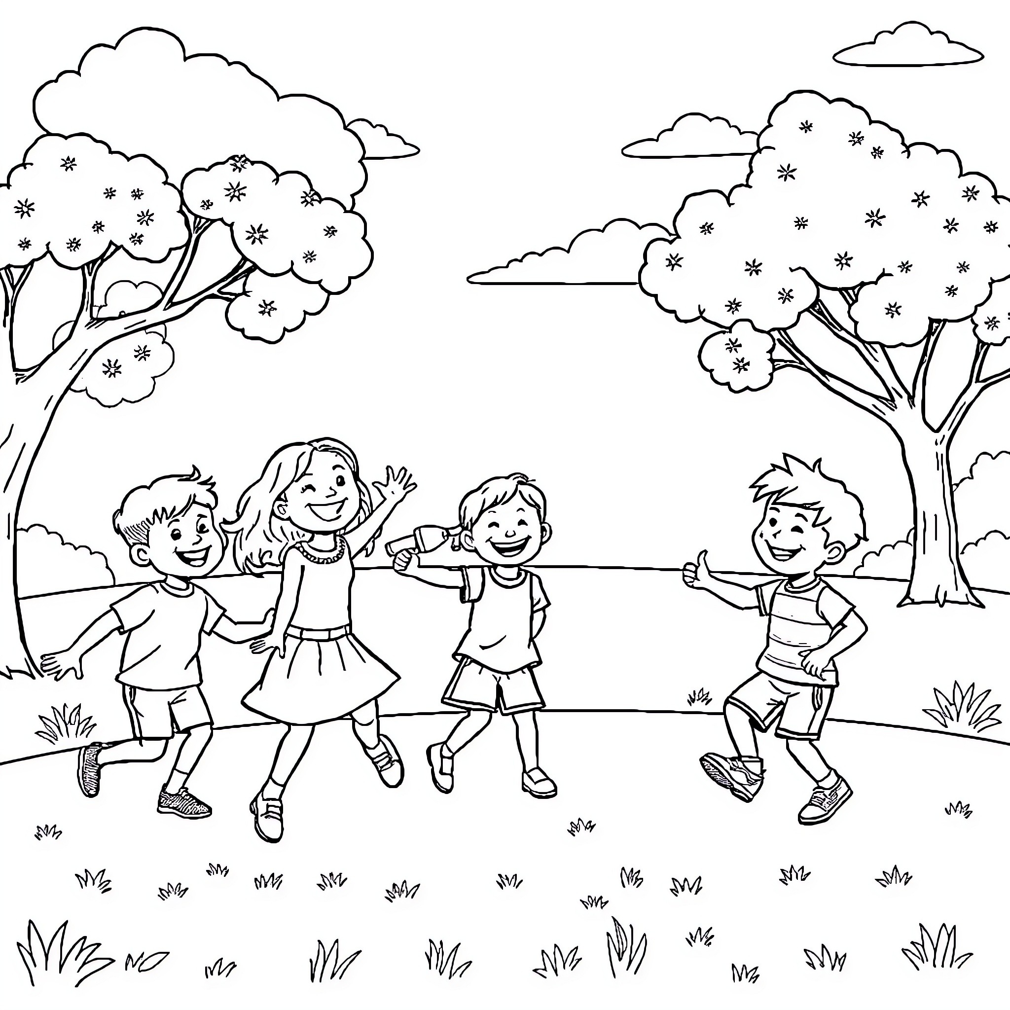 Kid's outdoor play in a lush park Coloring Page (free black-and-white line drawing printable PDF for all, from beginners to advanced learners, including children, teens, adults, and seniors)