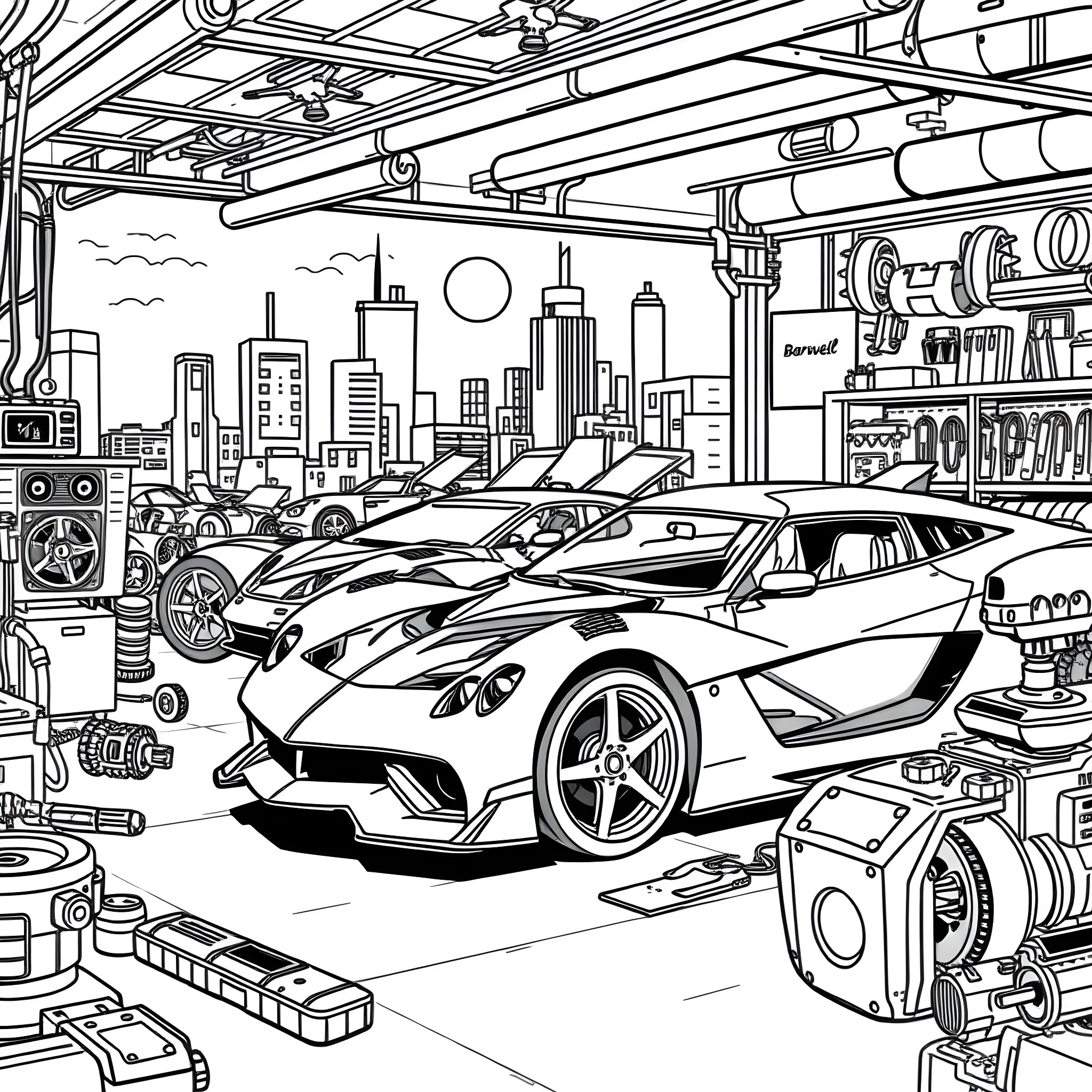 Batwheels in the city garage Coloring Page (free black-and-white line drawing printable PDF for all, from beginners to advanced learners, including children, teens, adults, and seniors)