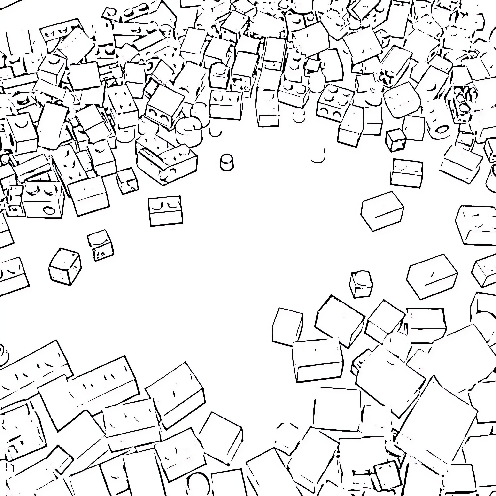 Lego Building Blocks Scattered Across Surface Coloring Page (free black-and-white line drawing printable PDF for all, from beginners to advanced learners, including children, teens, adults, and seniors)