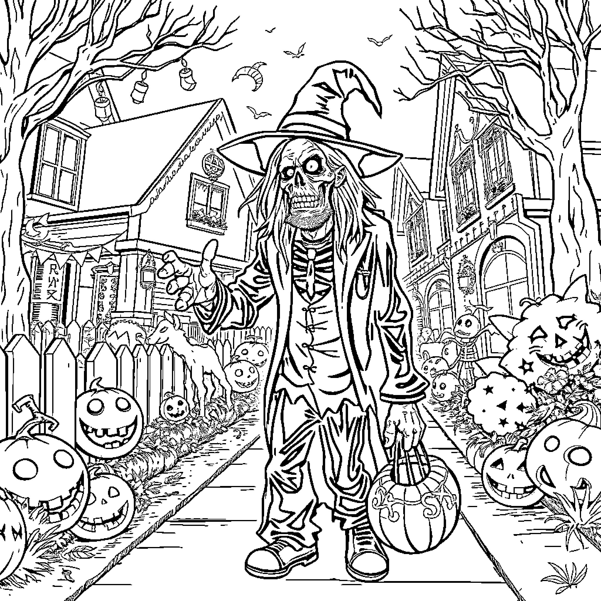 Rob Zombie's Spooky Halloween Adventure Coloring Page (free black-and-white line drawing printable PDF for all, from beginners to advanced learners, including children, teens, adults, and seniors)